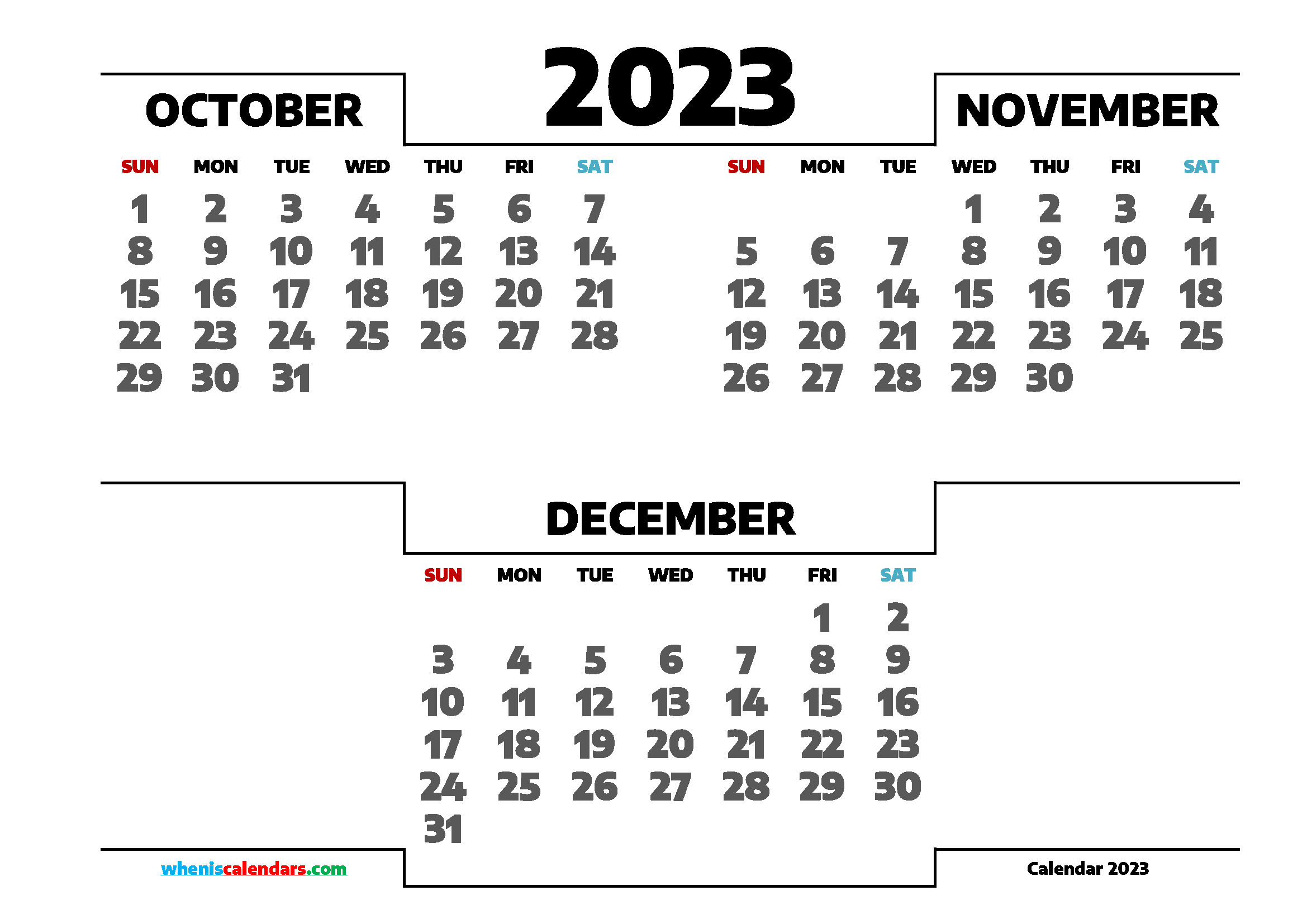 October November December 2023 Three Month Calendar