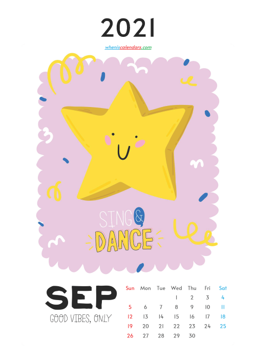 Free Calendar for Kids Printable September 2021