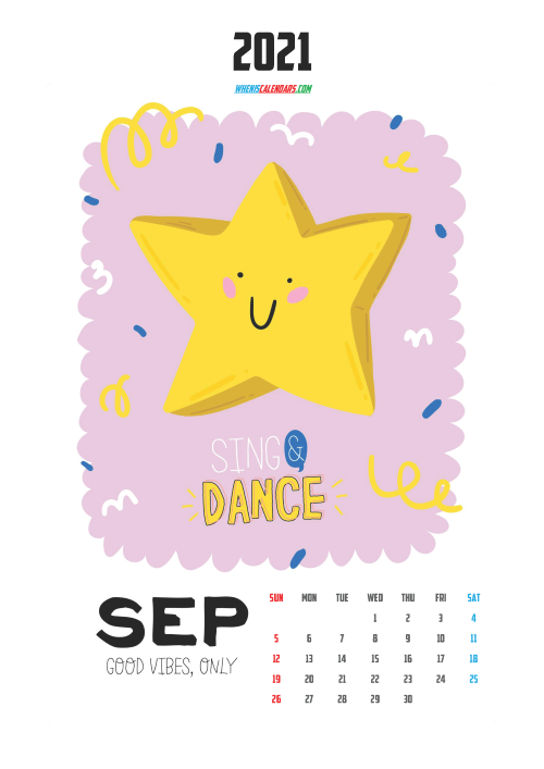 September 2021 Calendar for Kids Printable