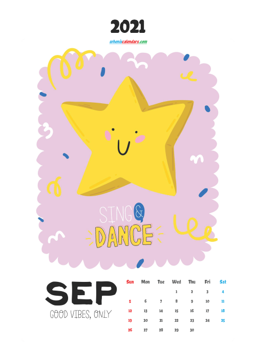 Free September 2021 Calendar for Kids Printable