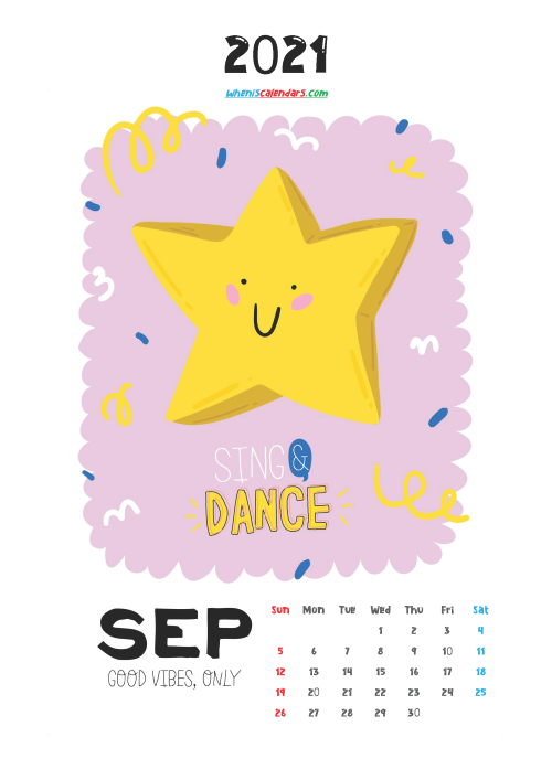 September 2021 Calendar for Kids Printable