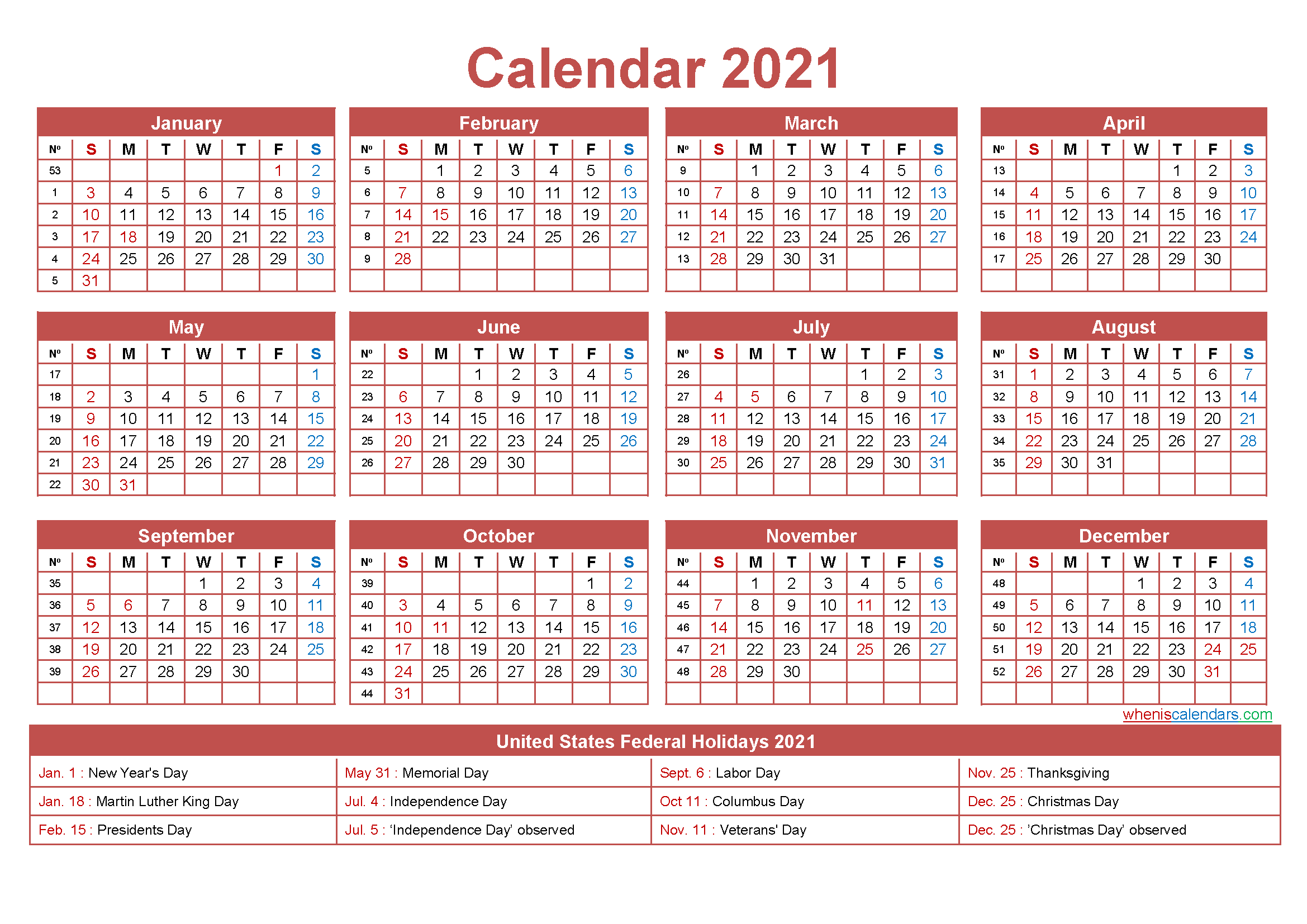 free printable 2021 calendar with holidays
