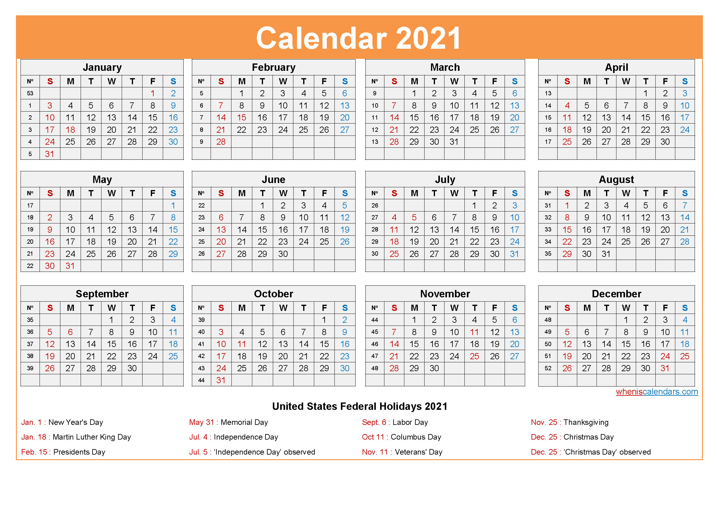 free printable 2021 calendar with holidays