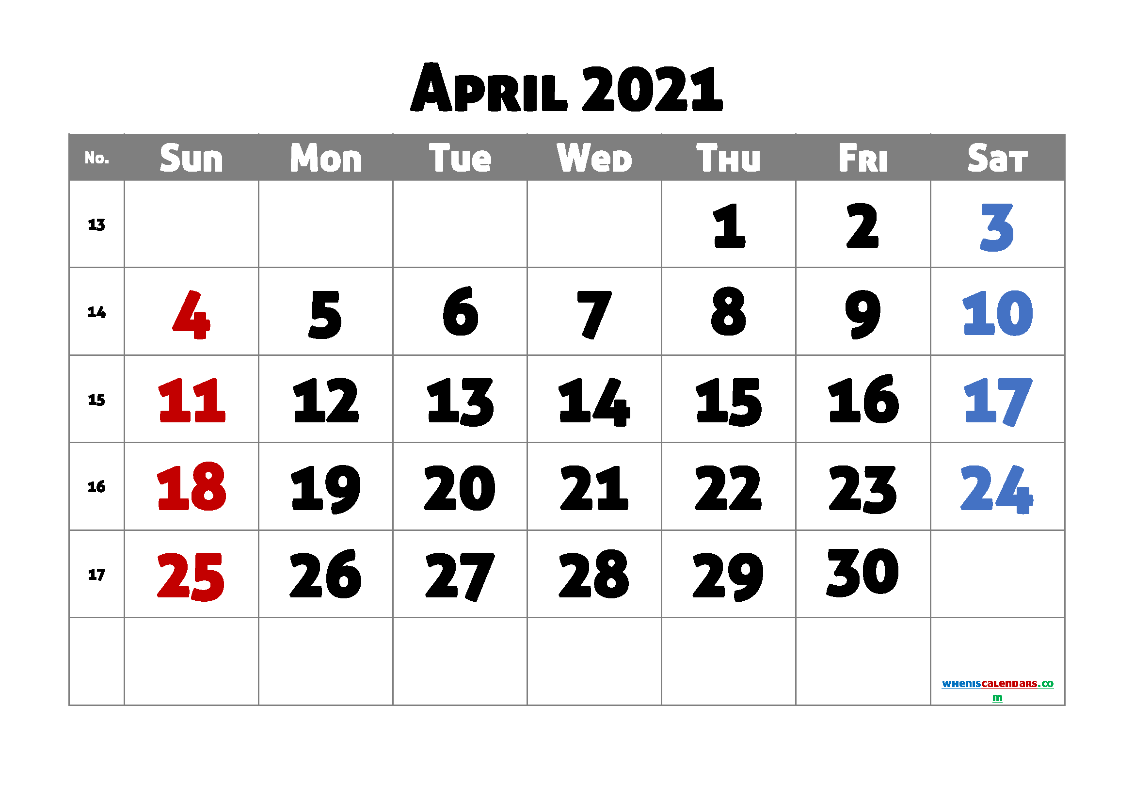 Printable Calendar for April 2021
