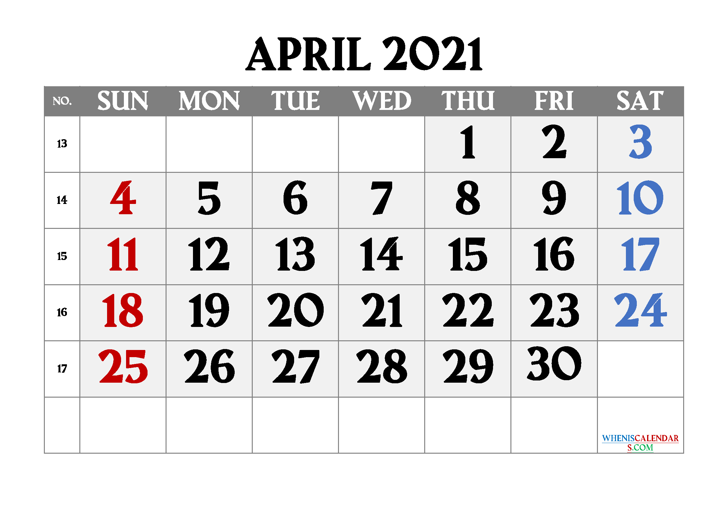 Printable Calendar for April 2021