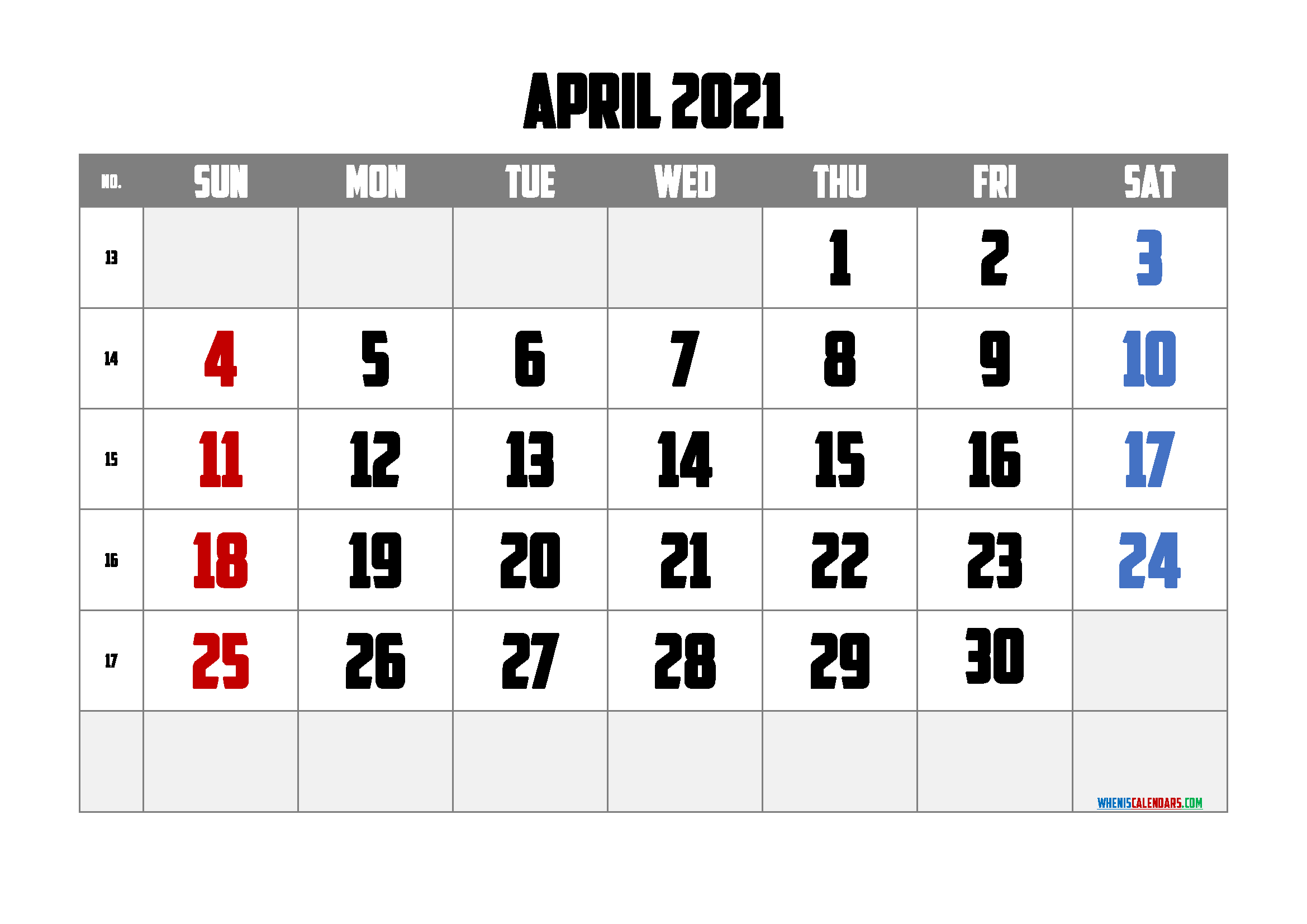 Free Printable April 2021 Calendar