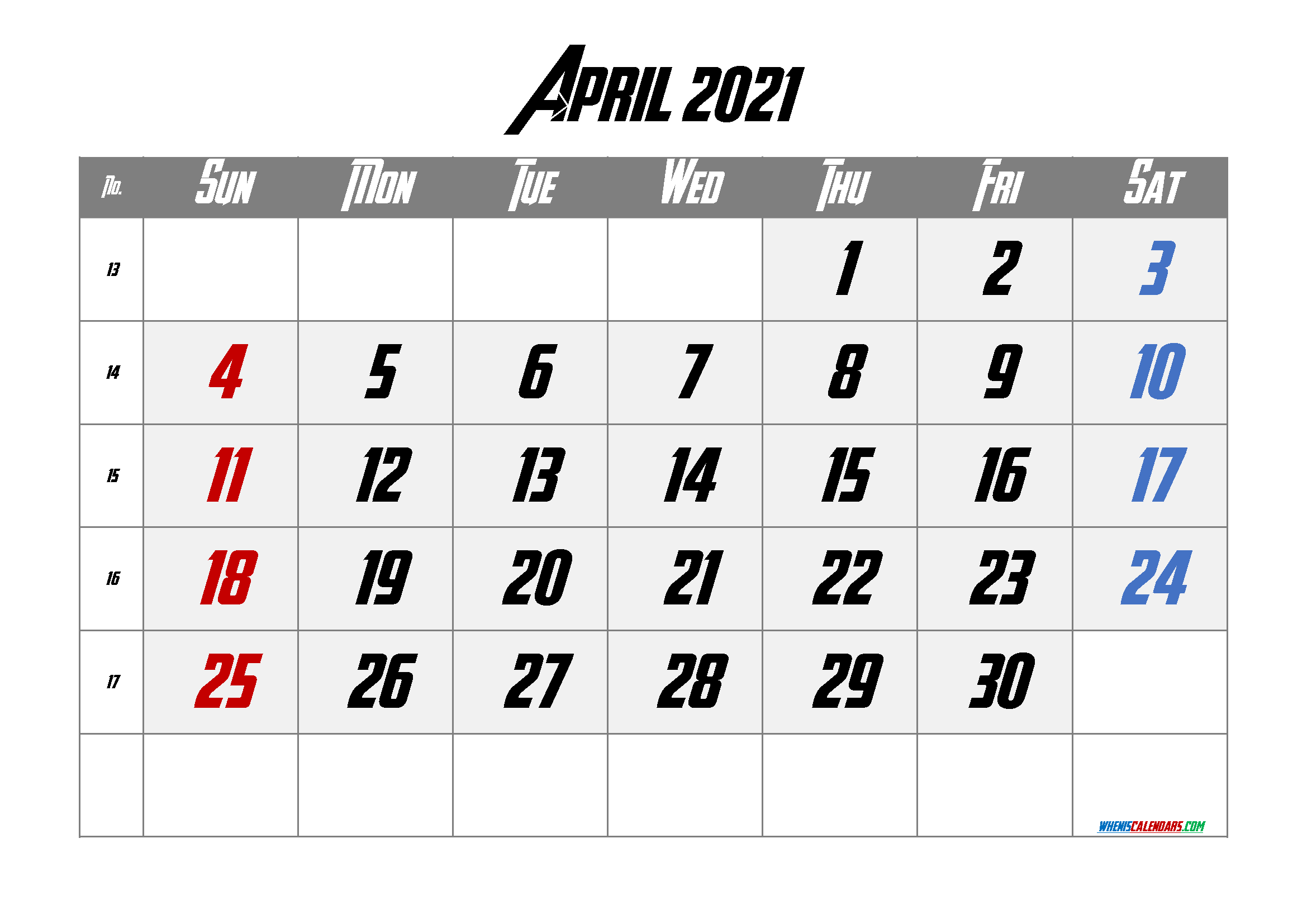 April 2021 Calendar Free Printable