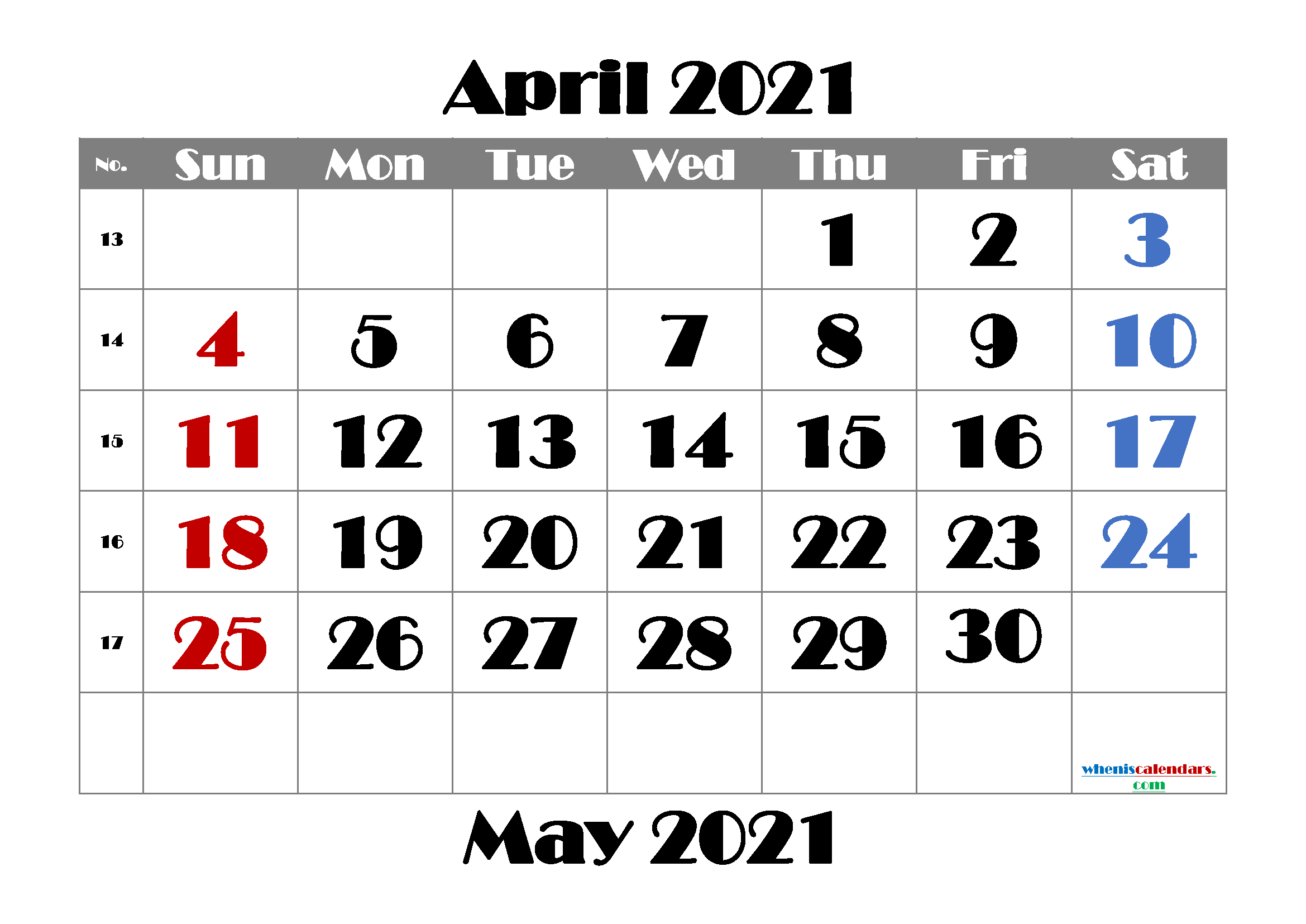 Printable April 2021 Calendar Free