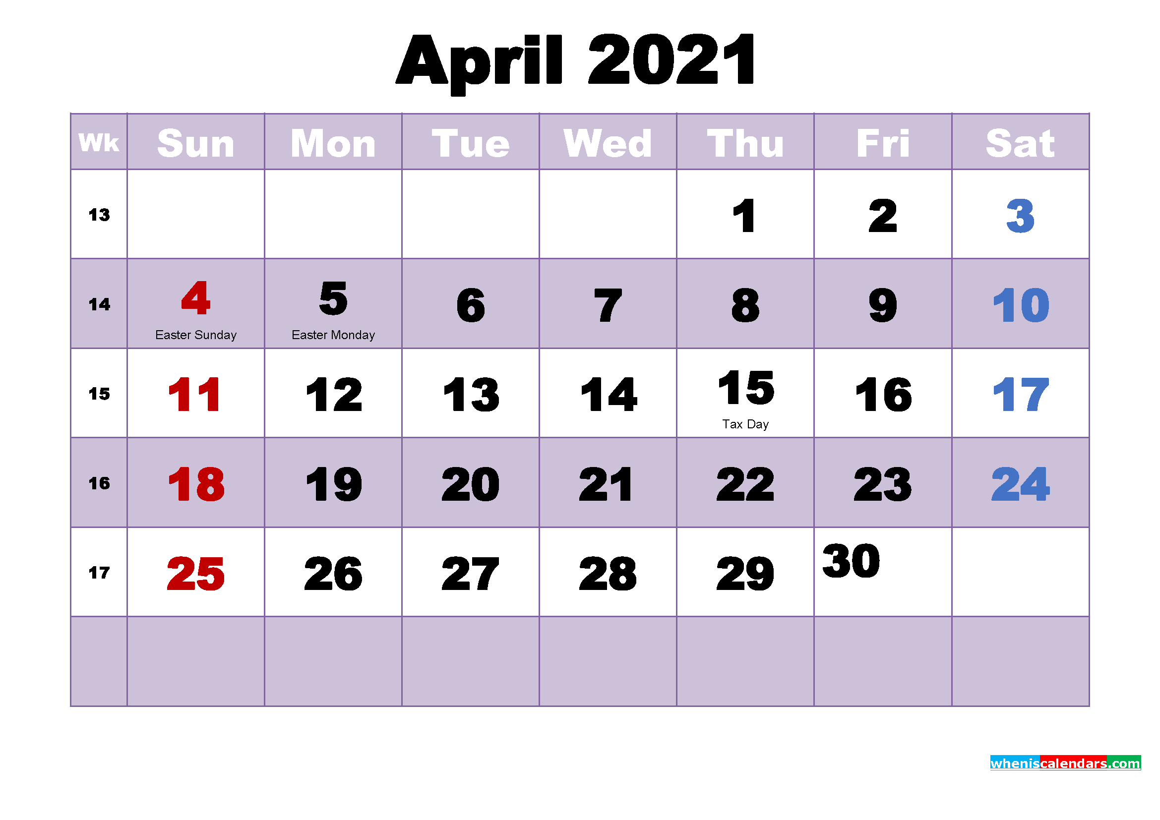 free printable april 2021 calendar with holidays