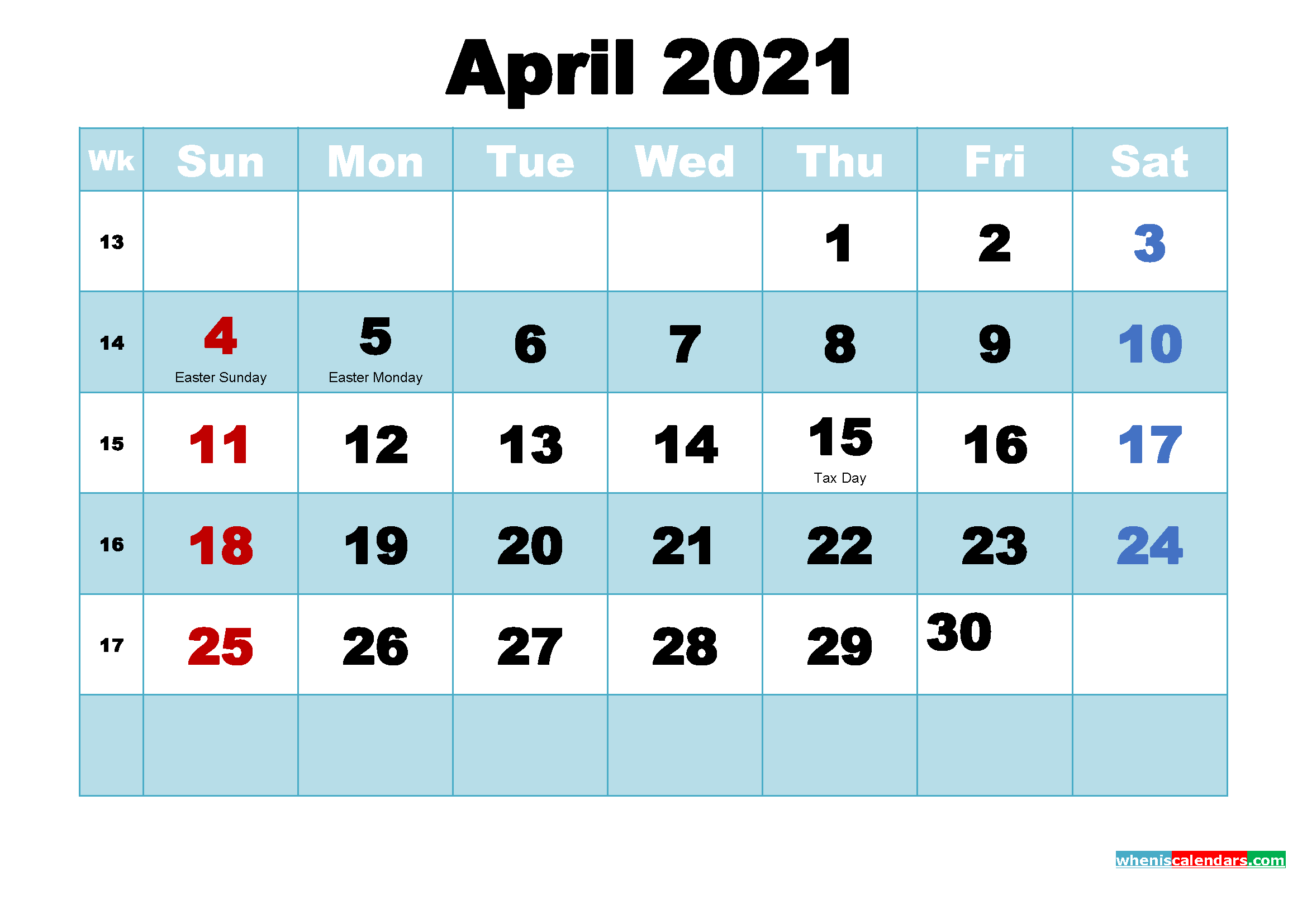 April 2021 Calendar Free Printable