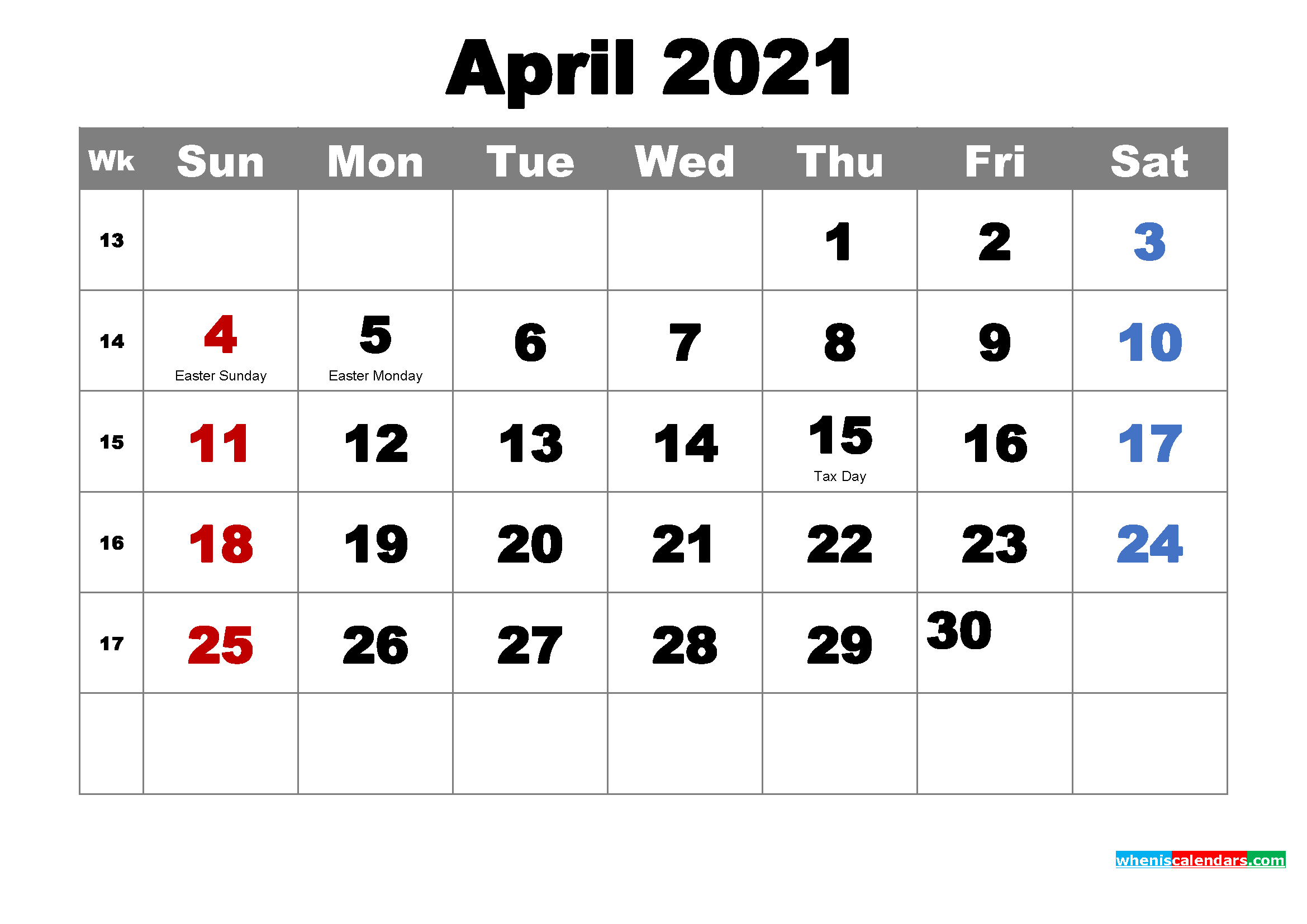 Printable Calendar April 2021 Free