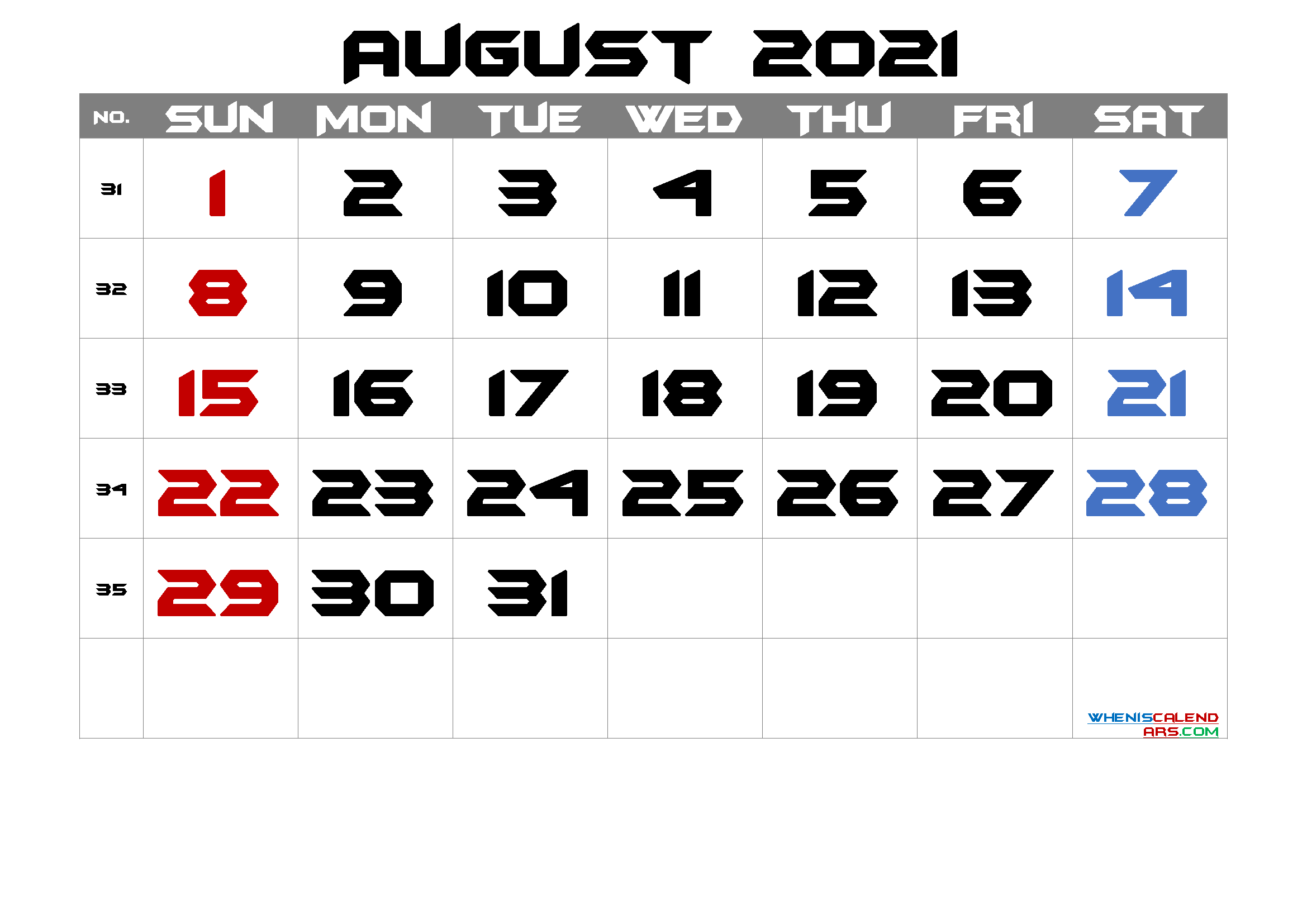 Printable Calendar August 2021 Free