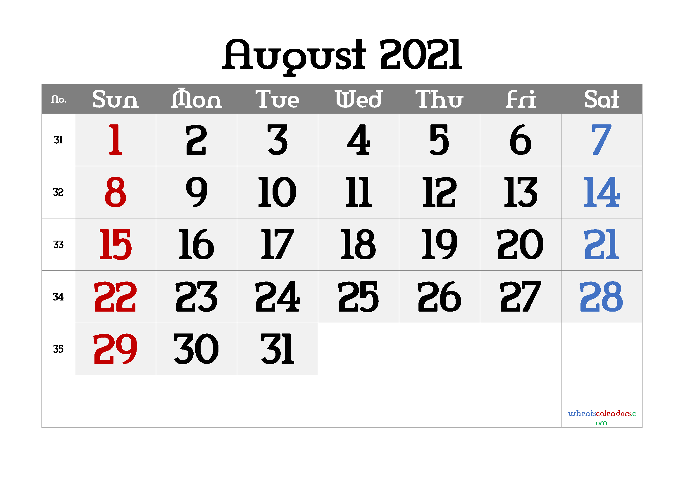 Free Printable Calendar August 2021