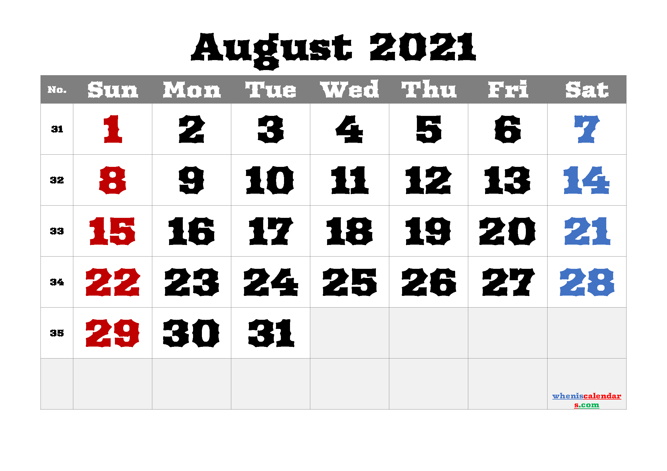 Free Printable August 2021 Calendar