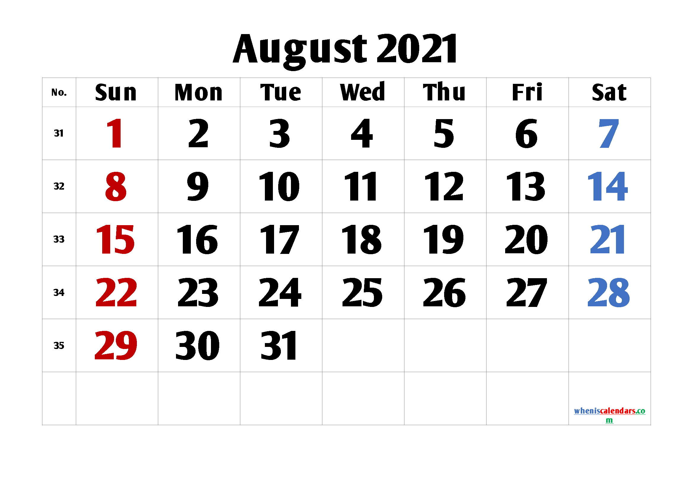 Free Printable Calendar August 2021
