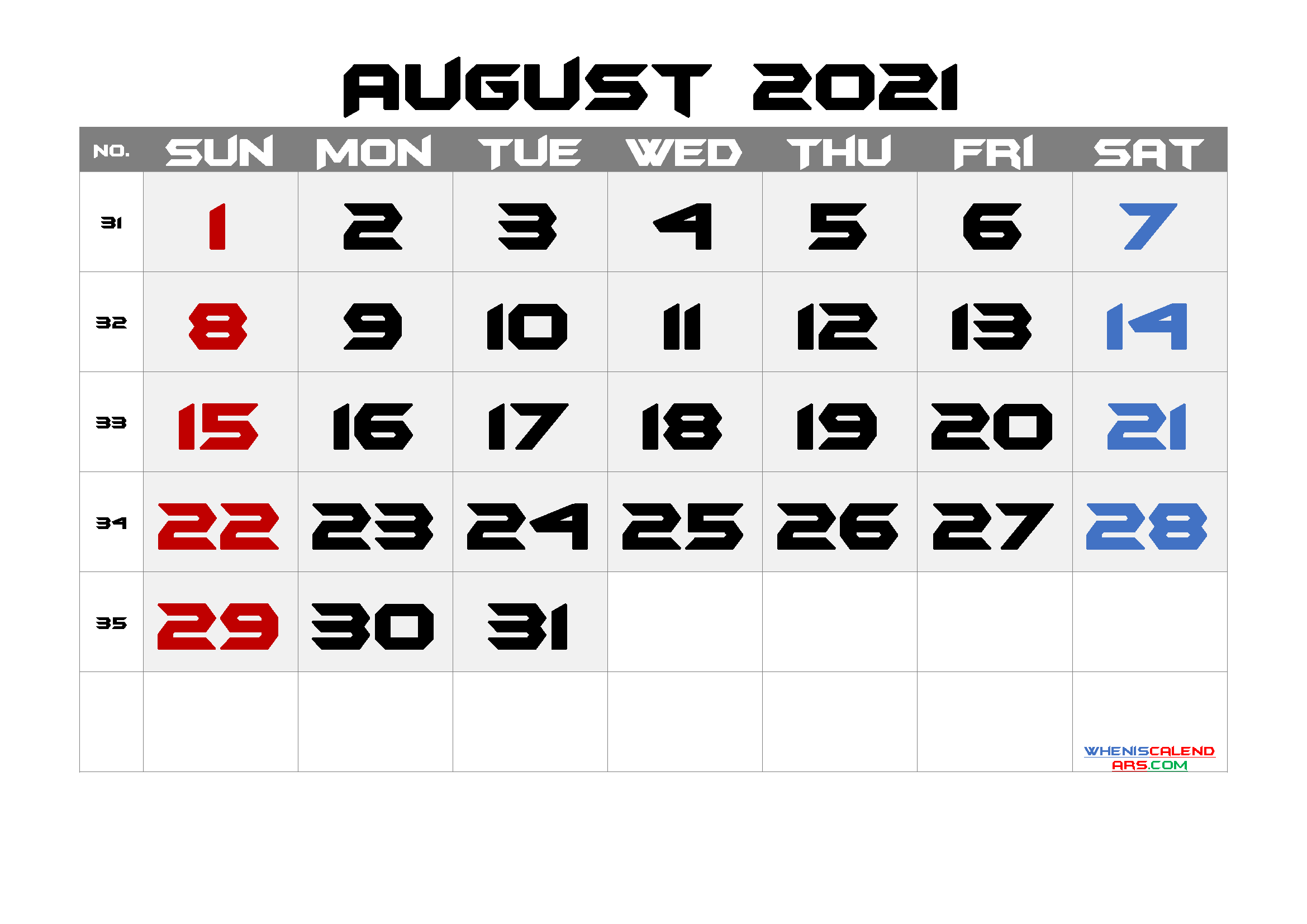 Printable Calendar August 2021 Free