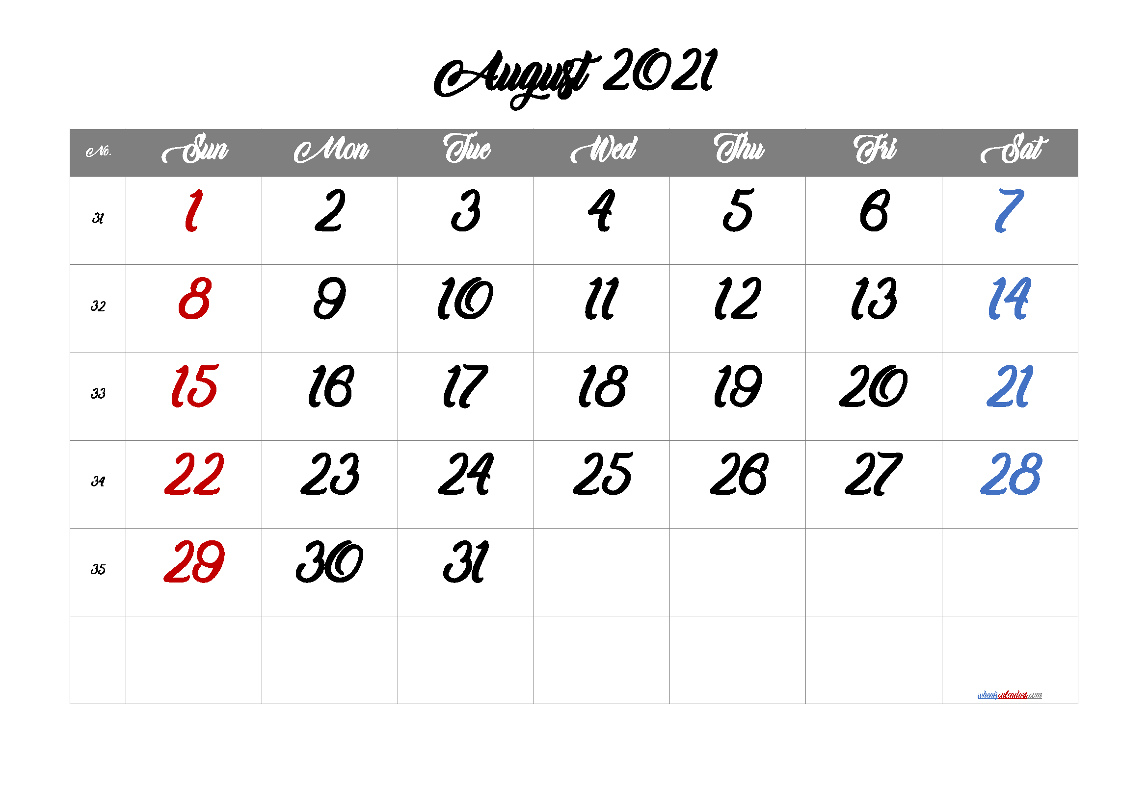 August 2021 Printable Calendar Free