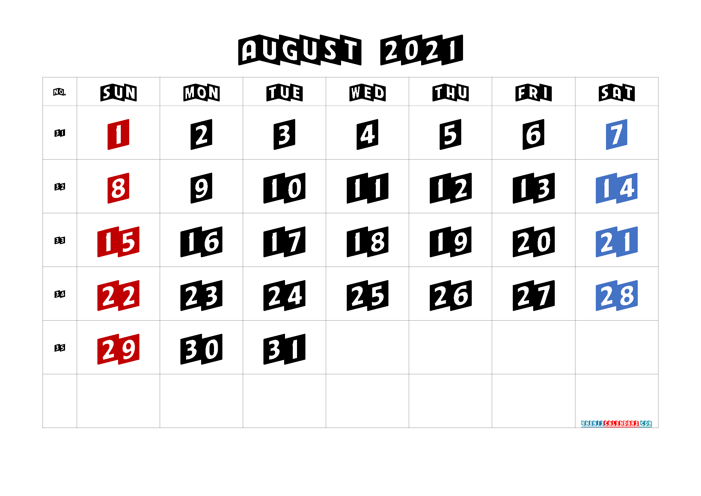 Printable Calendar for August 2021