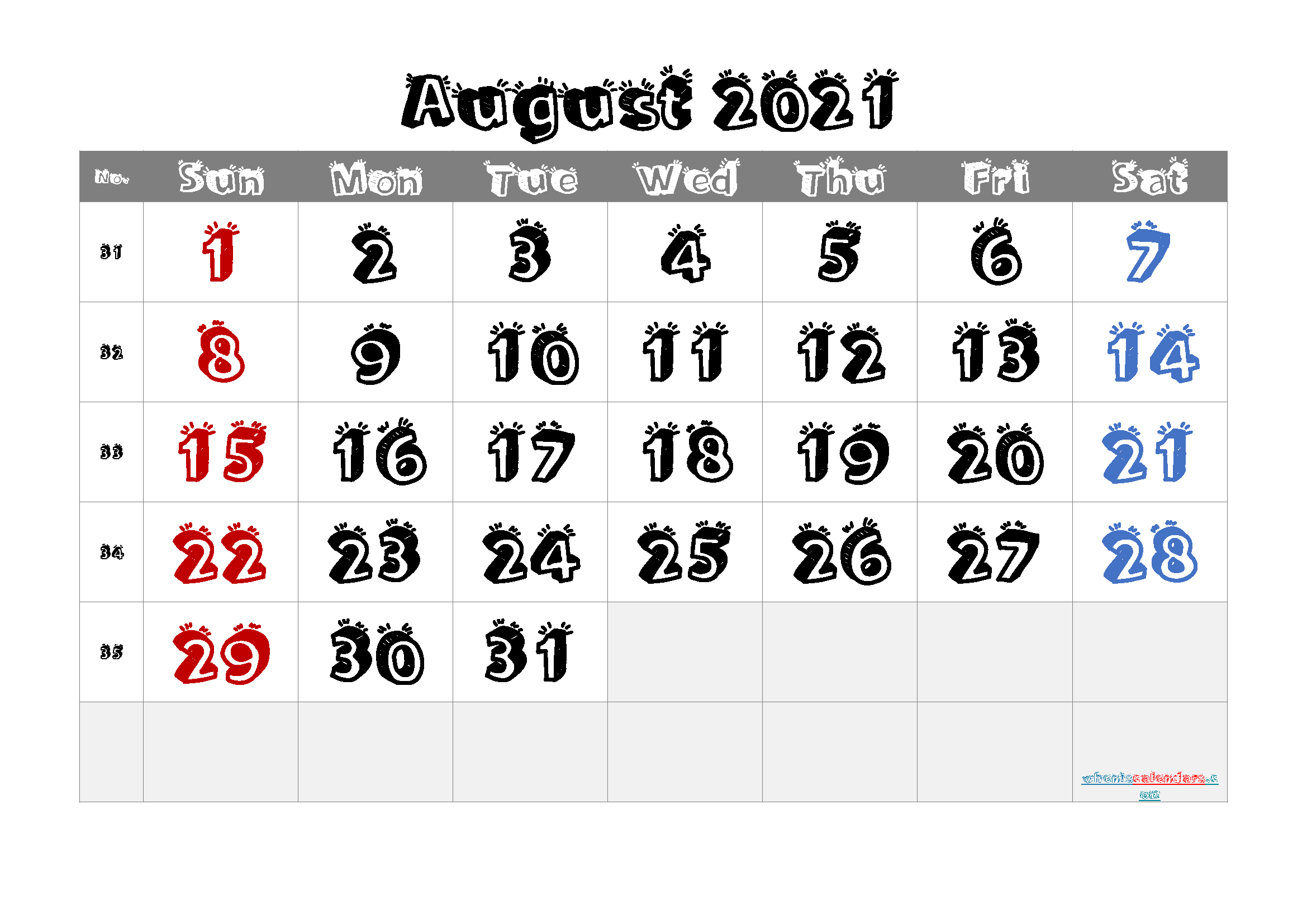 Printable Calendar for August 2021