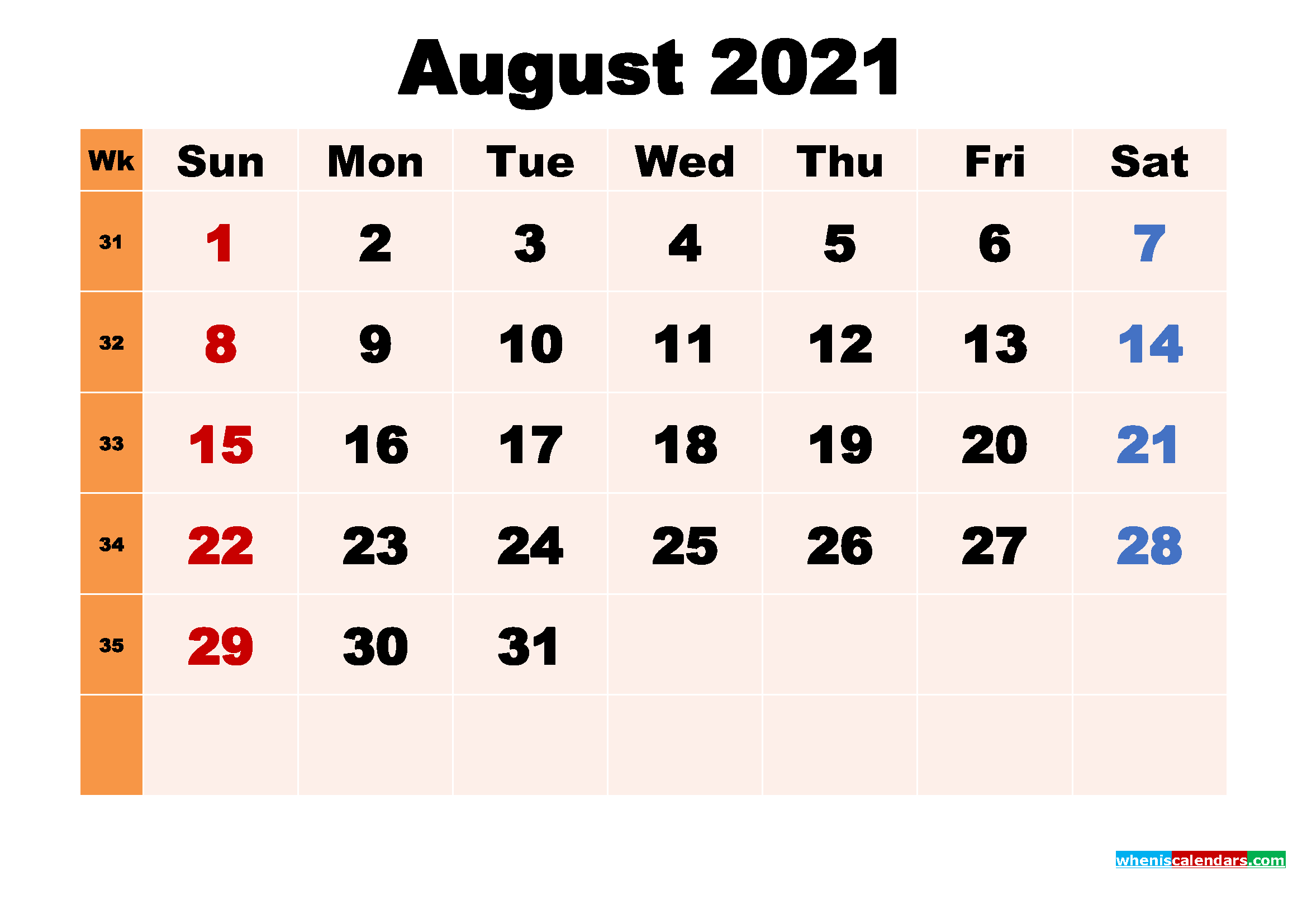 August 2021 Calendar Free Printable
