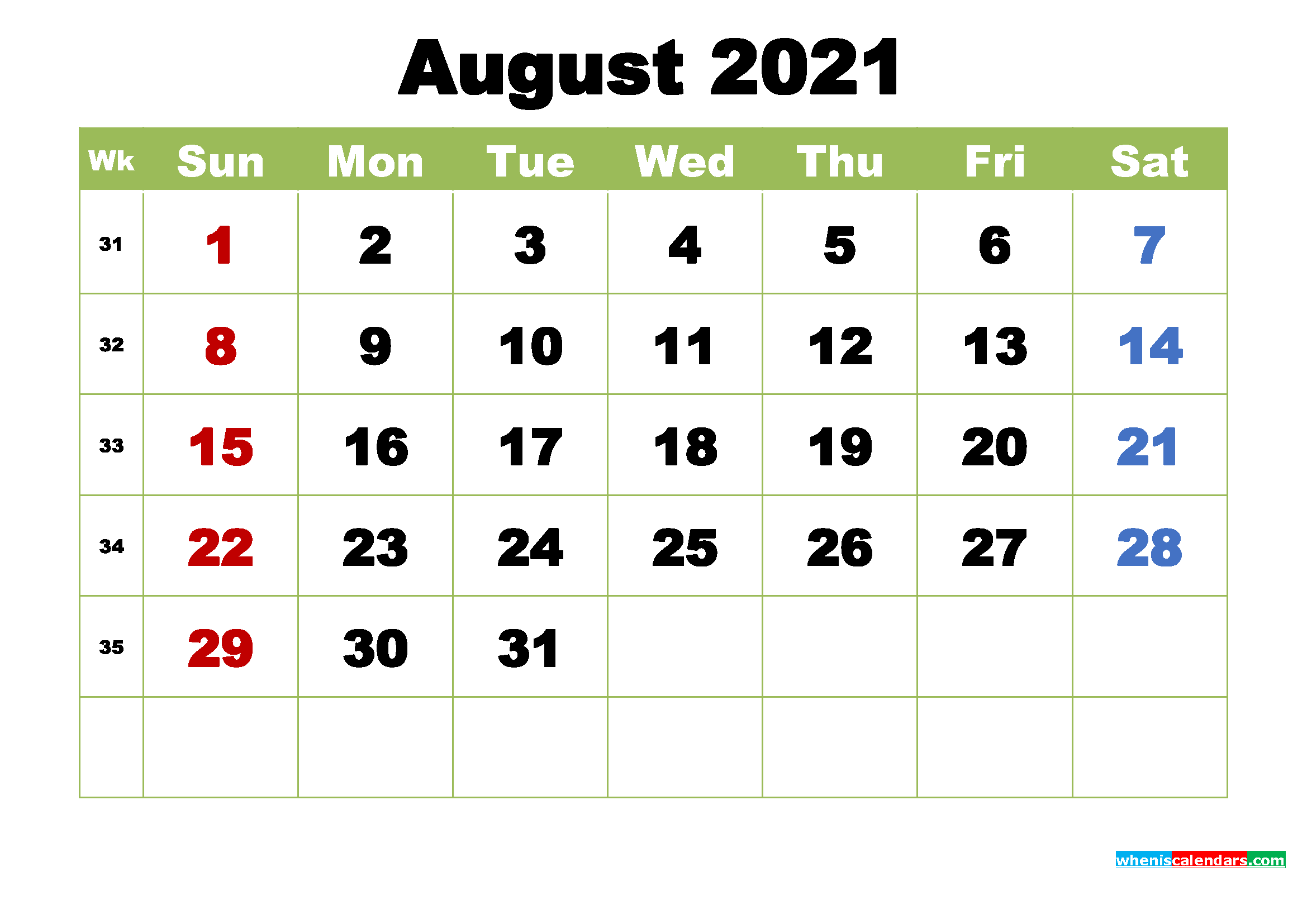 August 2021 Printable Calendar Free