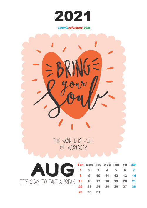 free printable august 2021 calendar cute. awesome free printable 2021 calendar for kids
