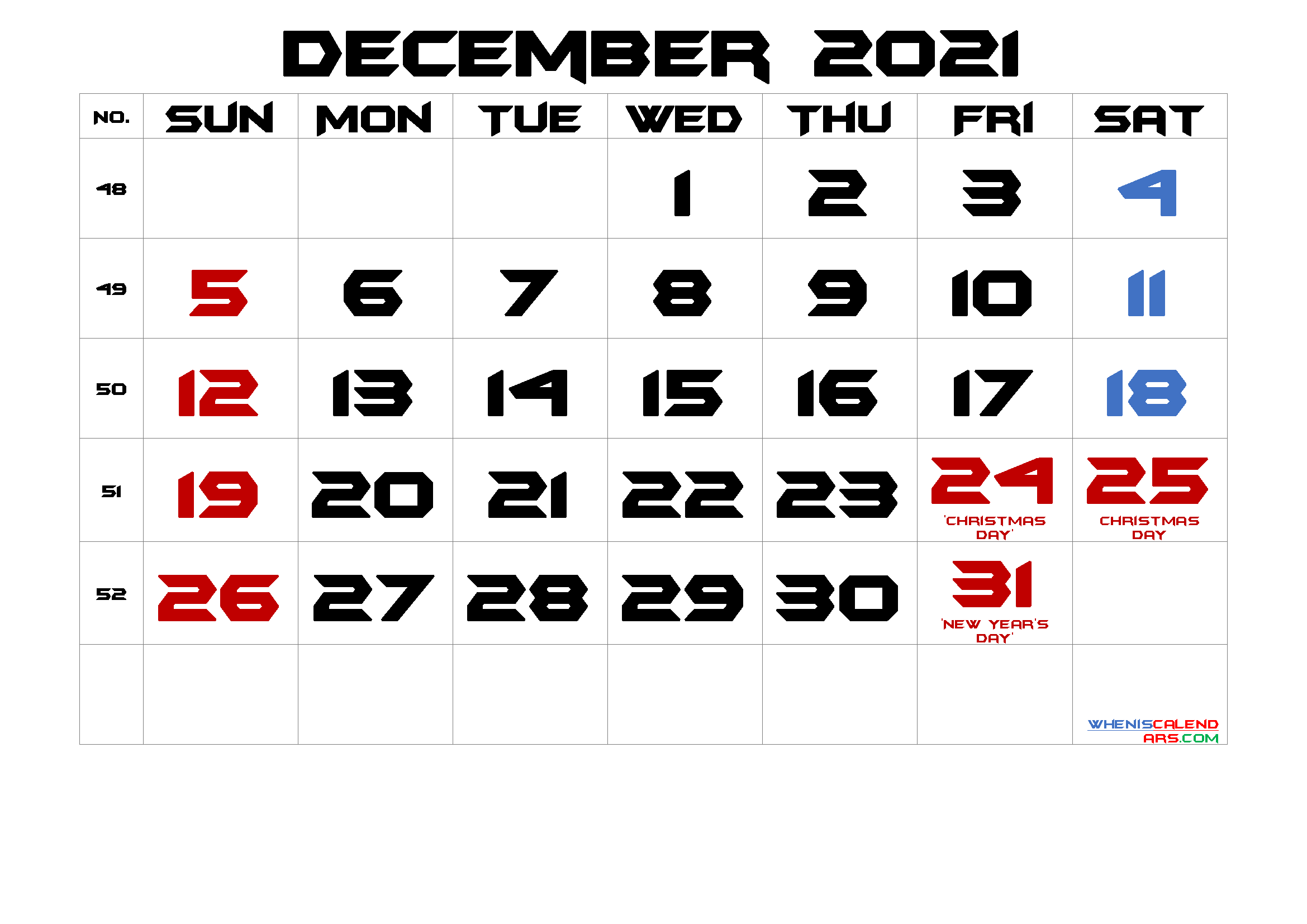 December 2021 Calendar Free Printable