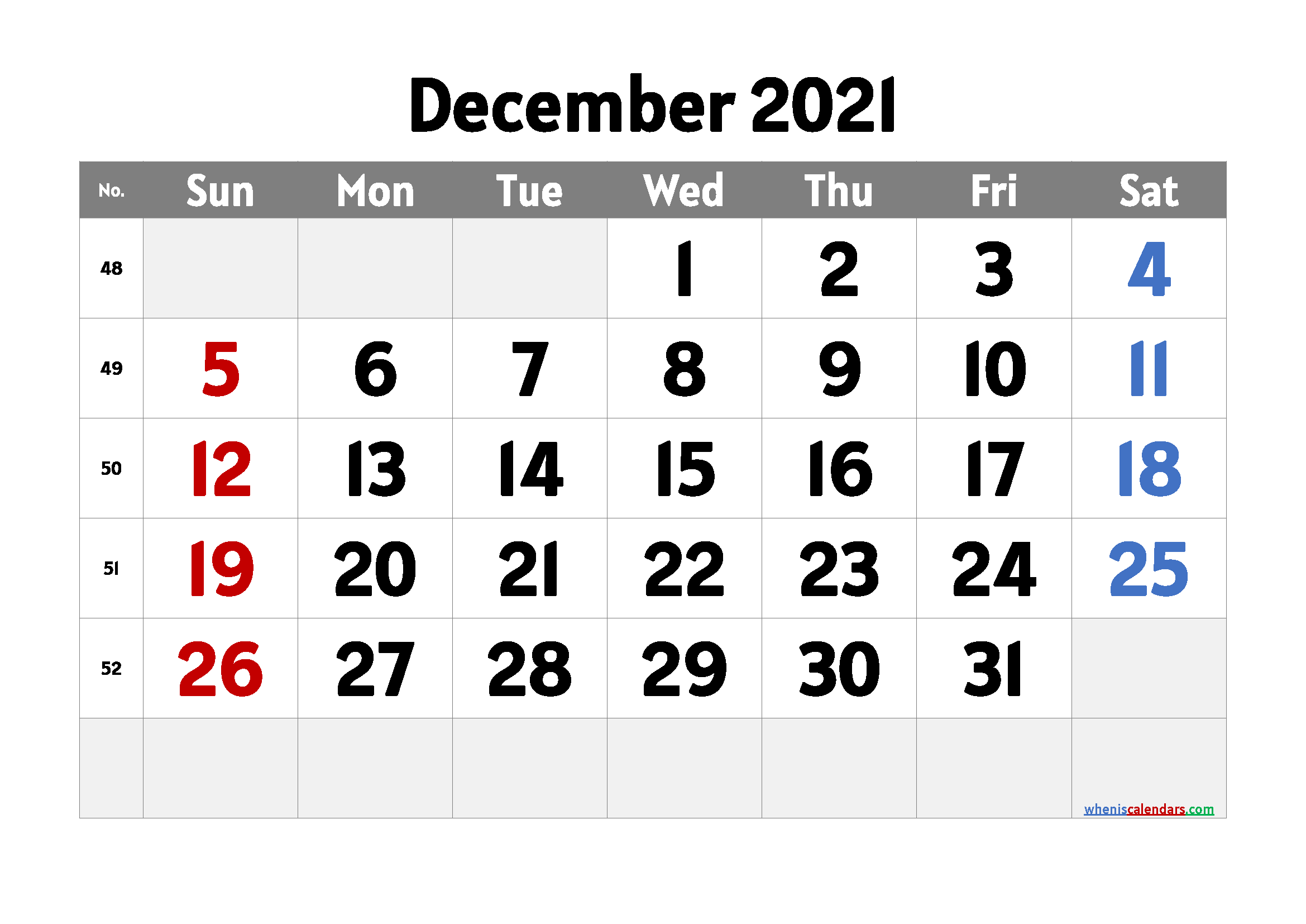 Free Printable December 2021 Calendar