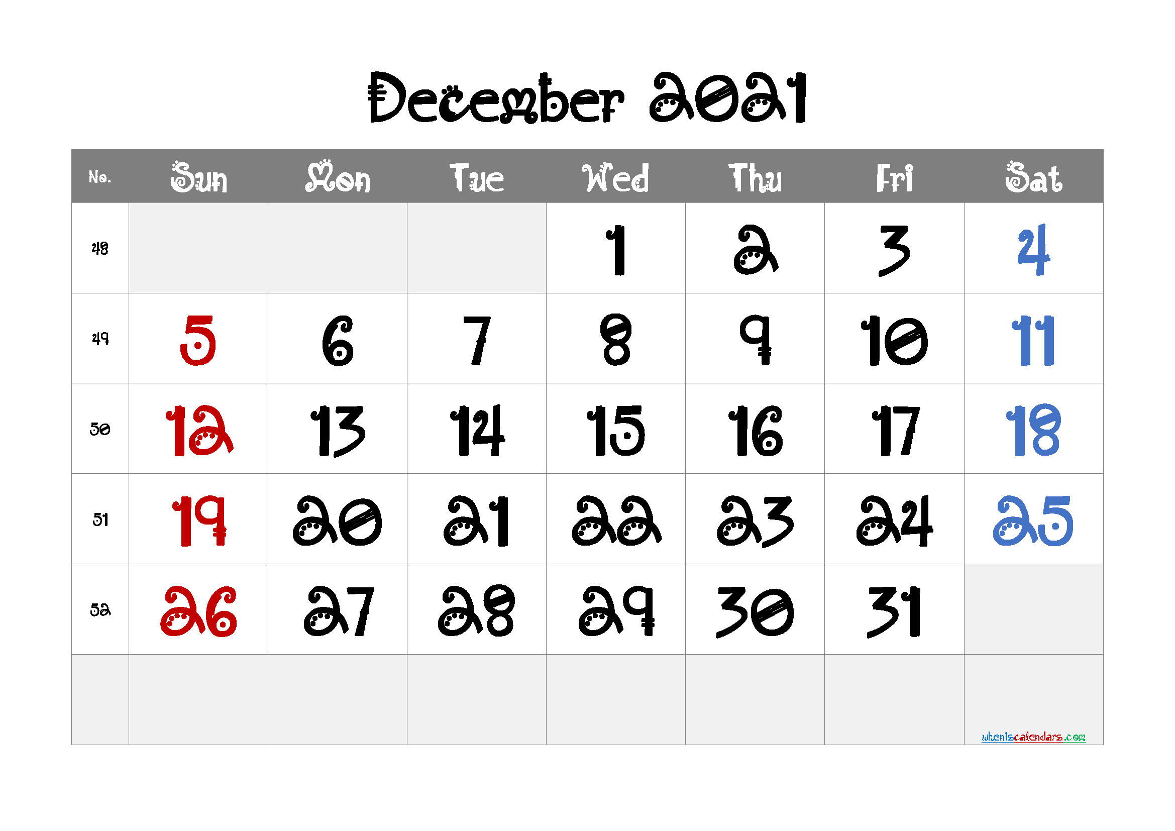 Printable Calendar for December 2021