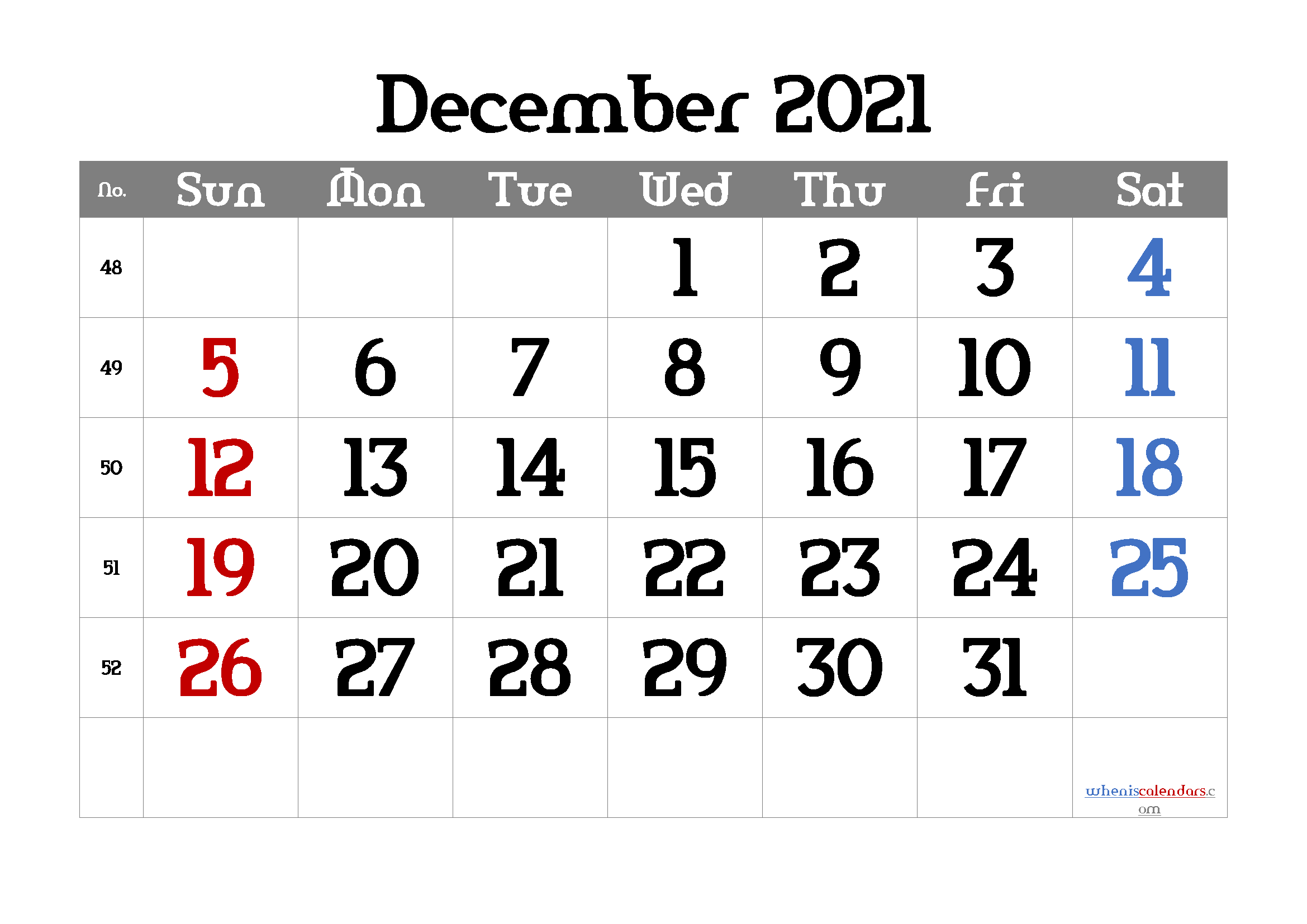 Printable December 2021 Calendar Free