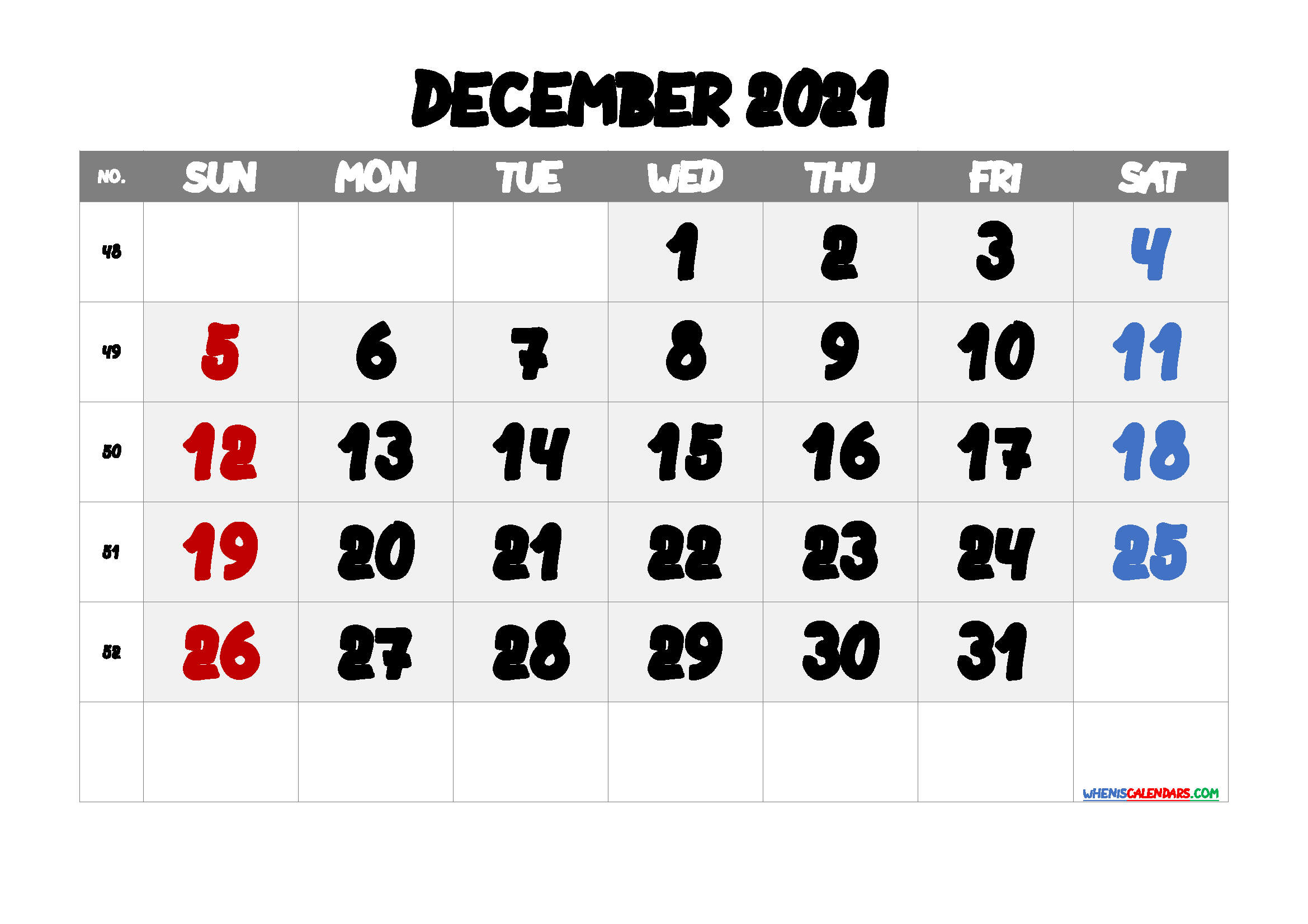 December 2021 Printable Calendar Free