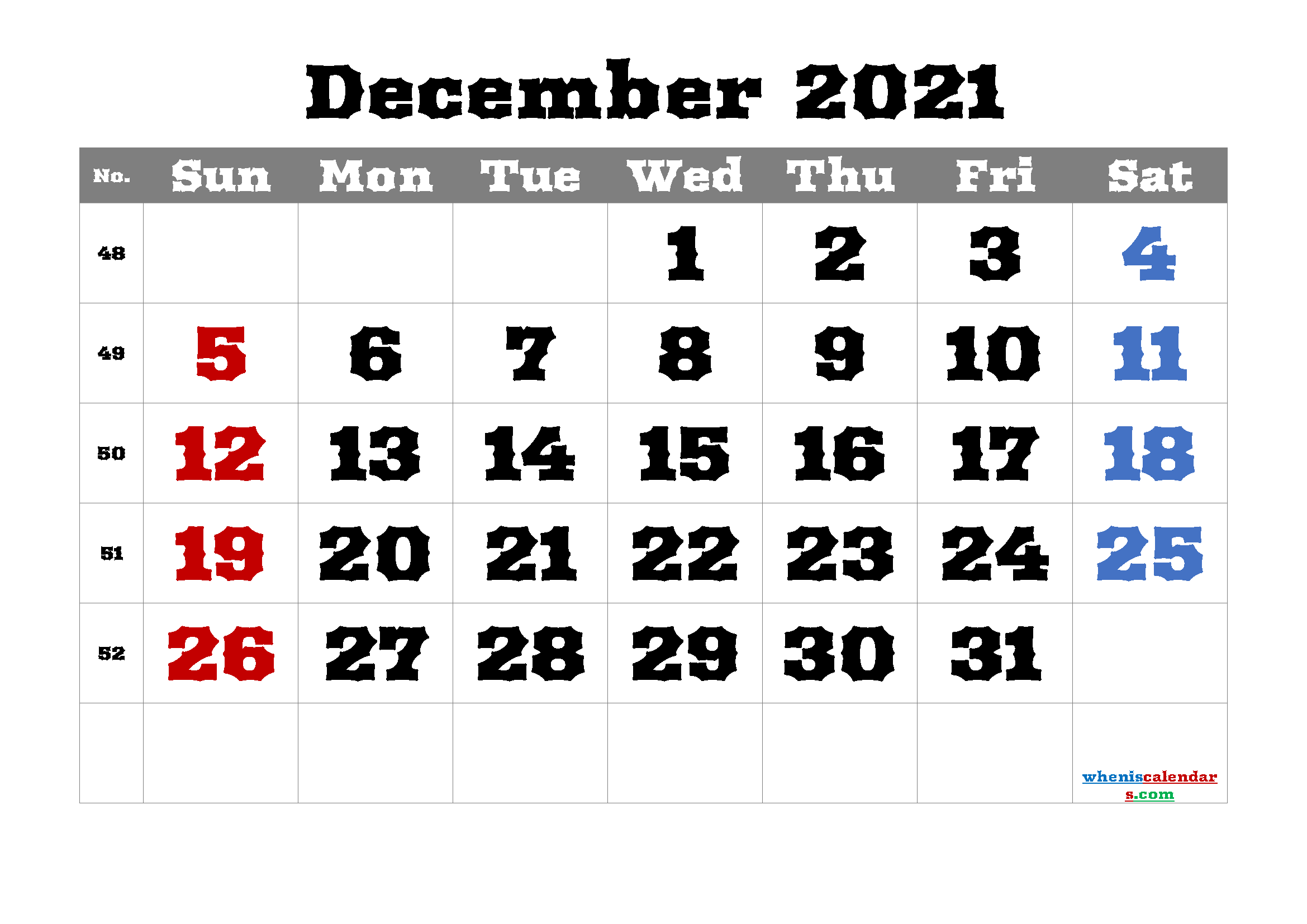 Printable Calendar December 2021 Free