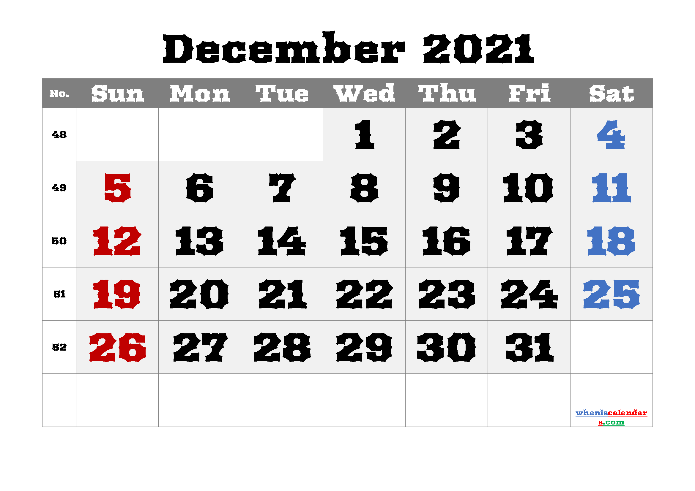 Printable December 2021 Calendar Free