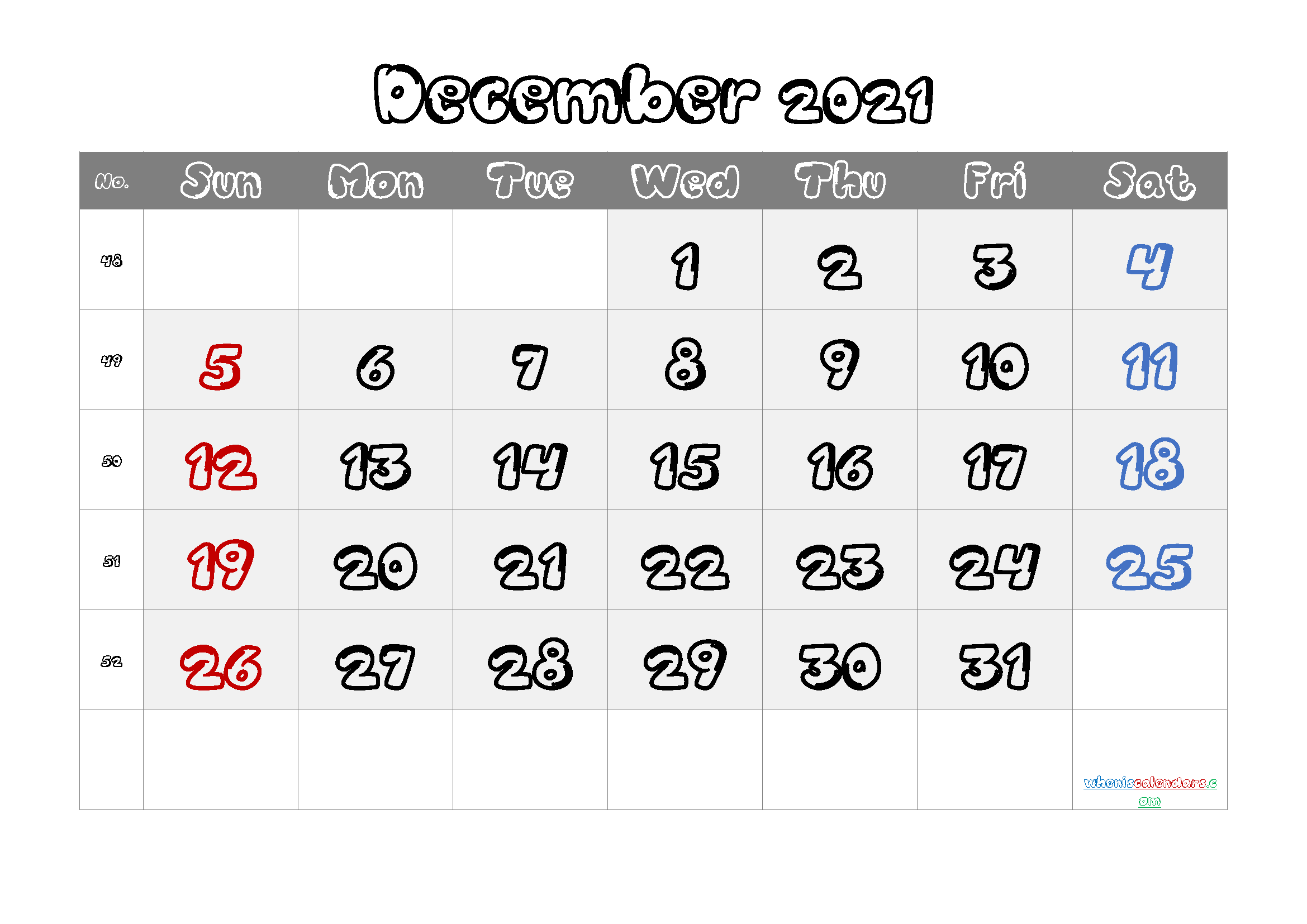 December 2021 Printable Calendar Free