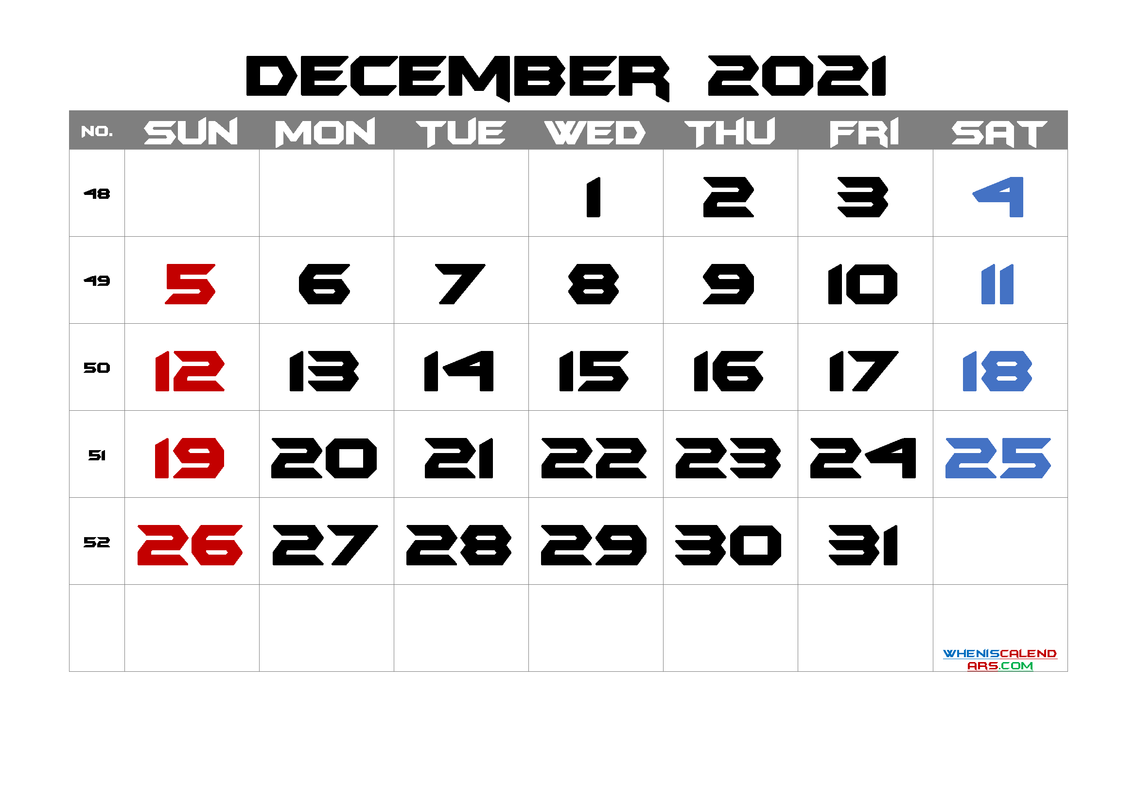 Free Printable 2021 Calendar December