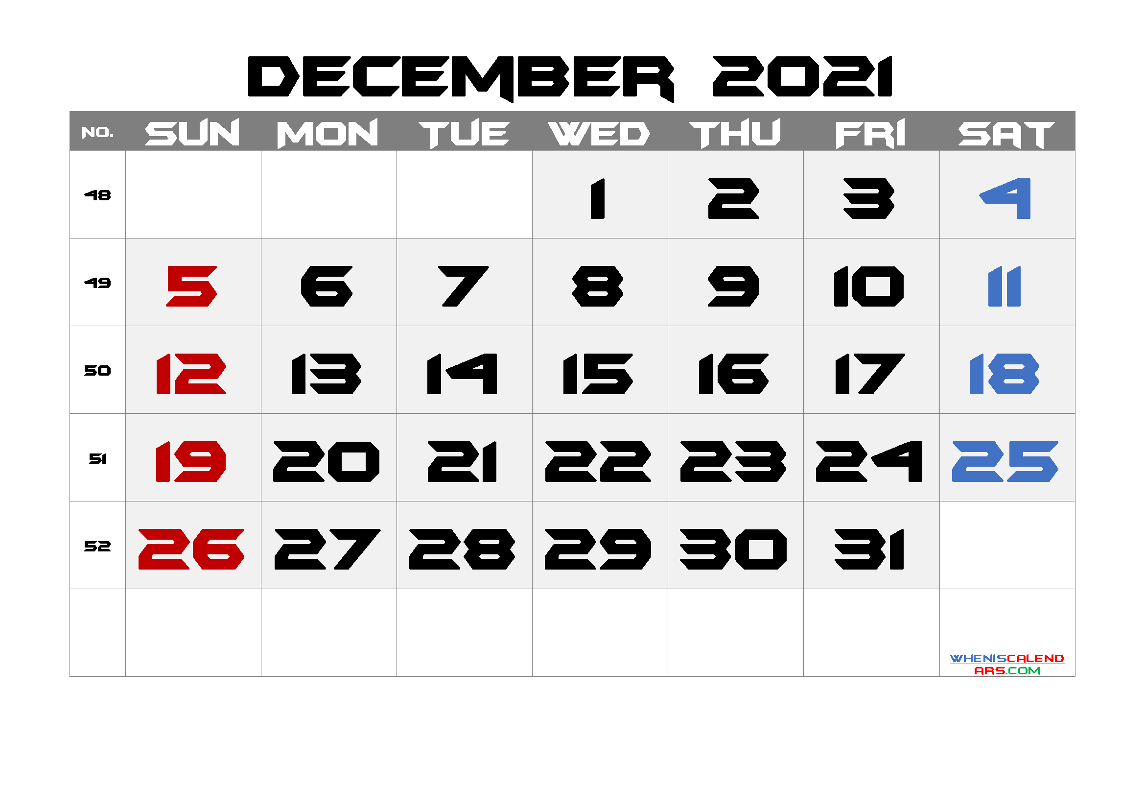 Printable Calendar for December 2021