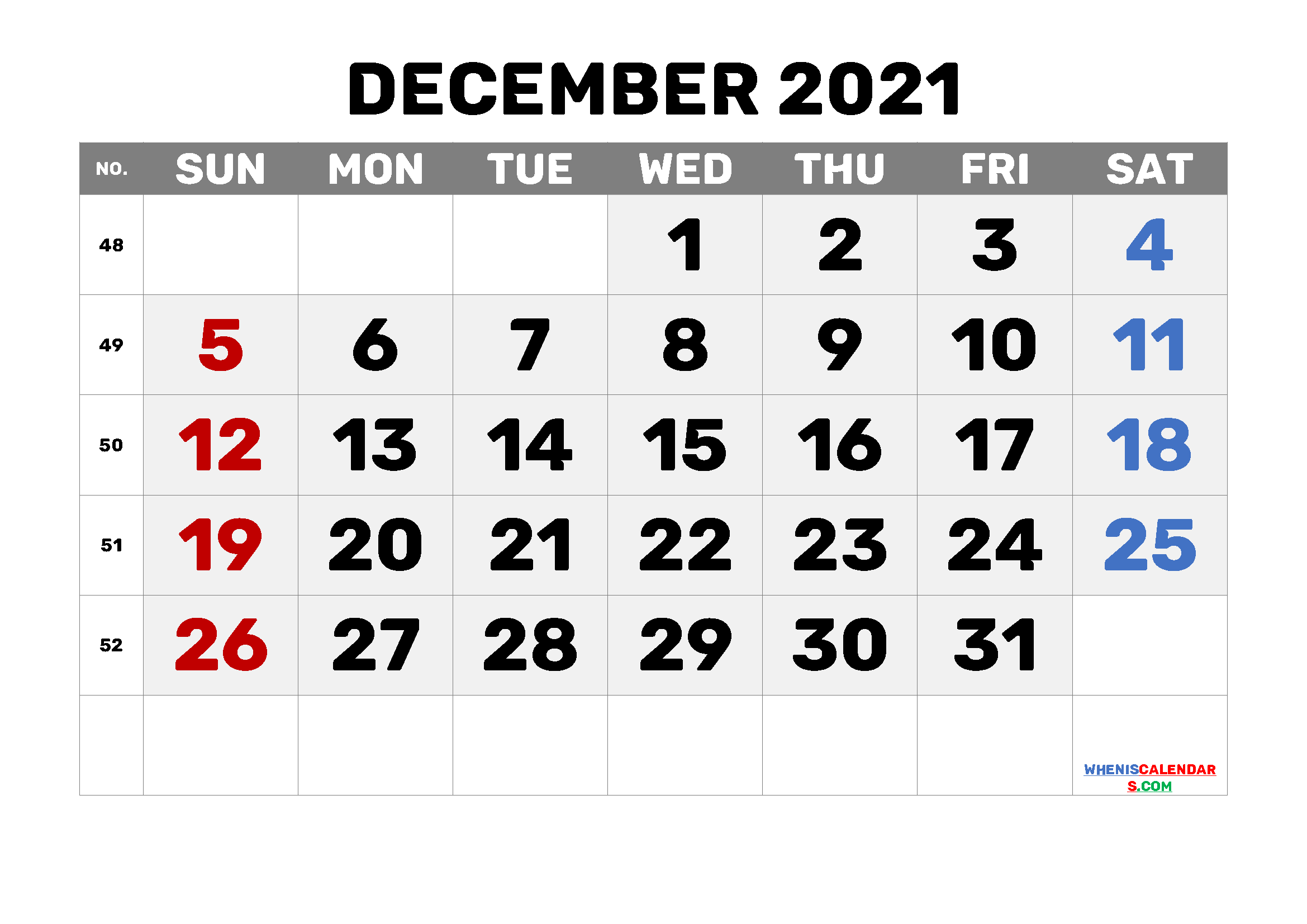 Free December 2021 Calendar with Holidays