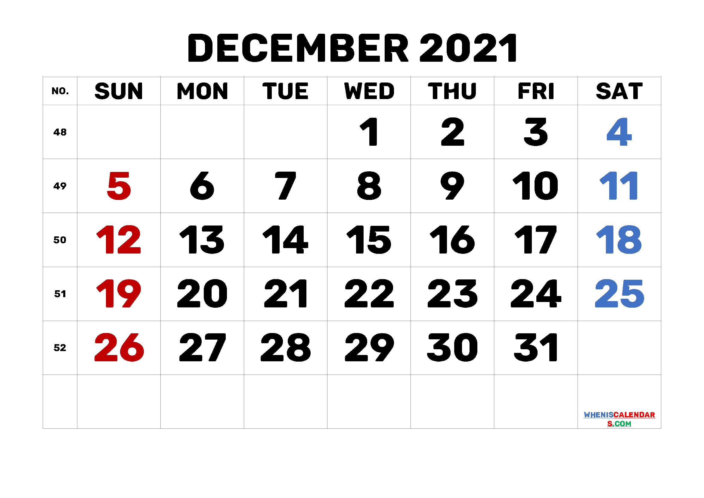 Printable Calendar December 2021 Free