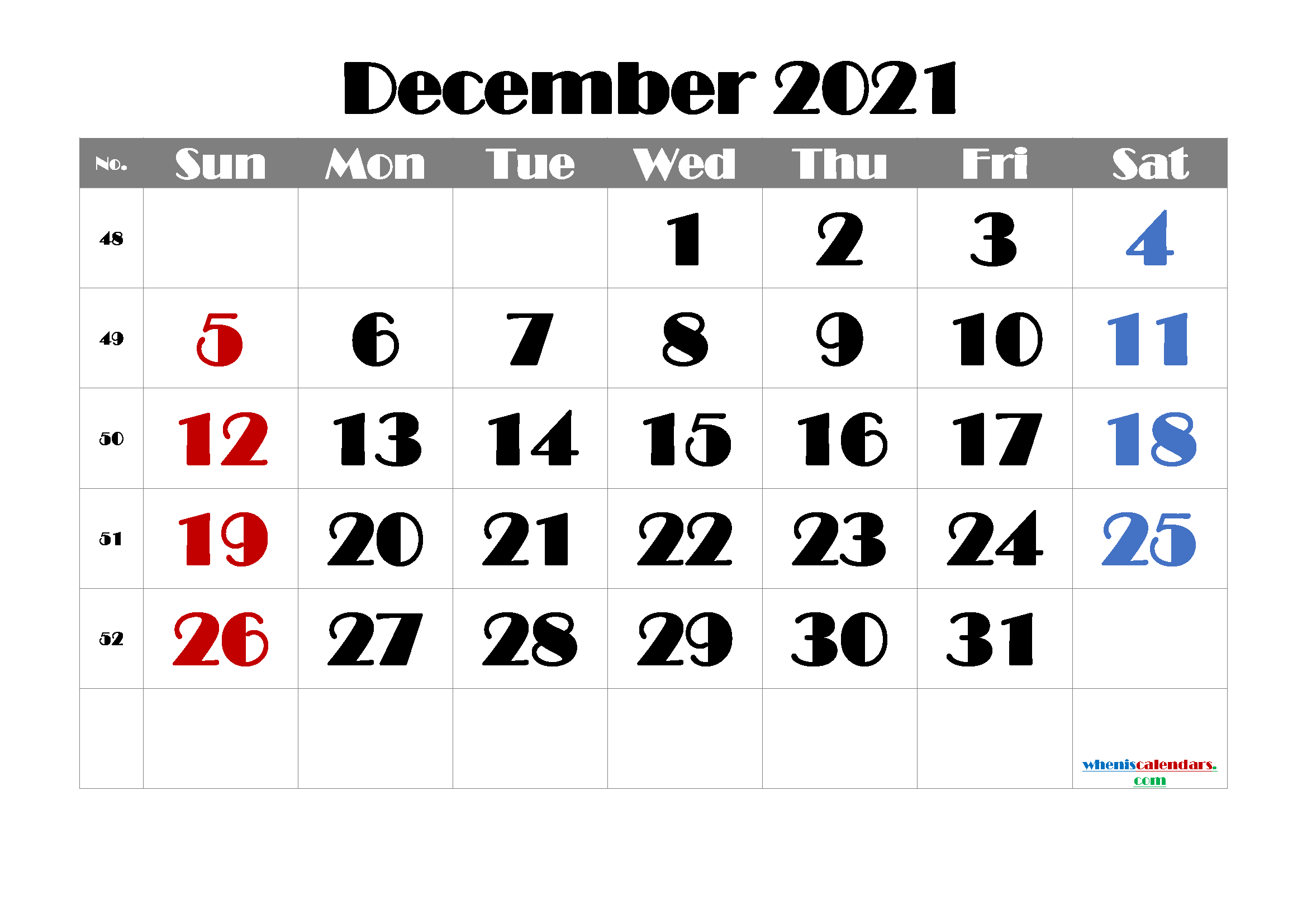 Free December Blank Calendar 2021