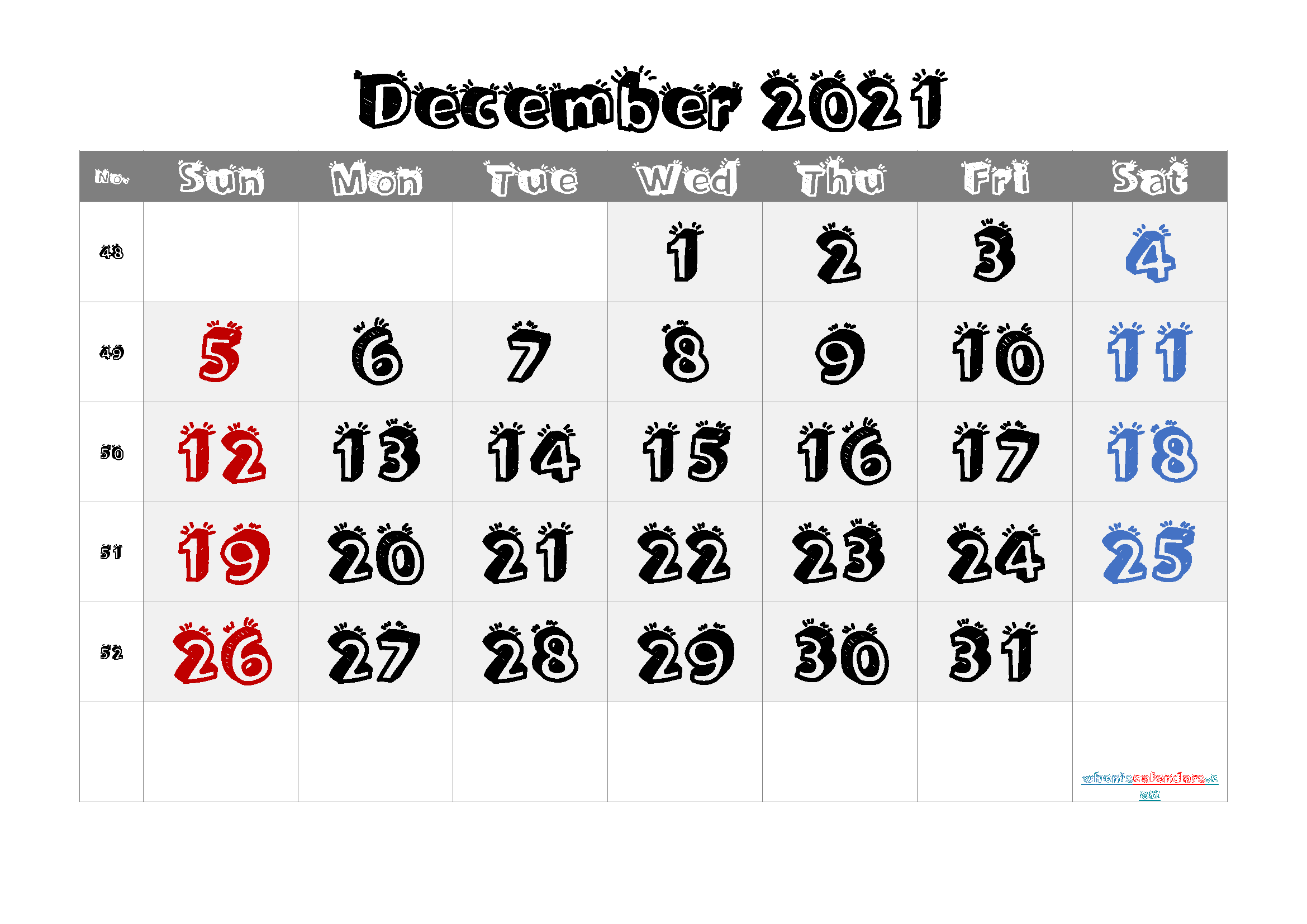 December 2021 Calendar Free Printable