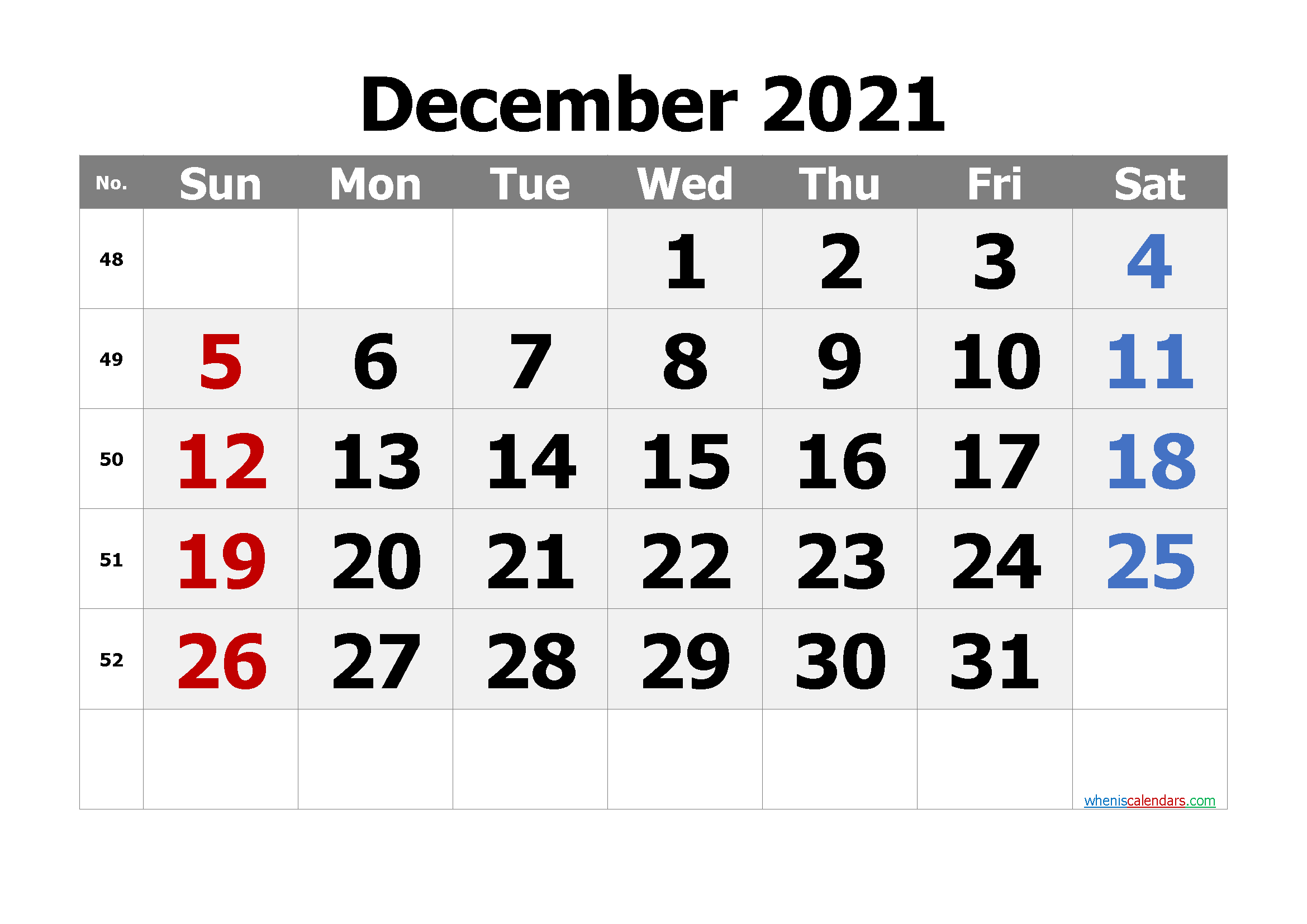 Free Printable 2021 Calendar December