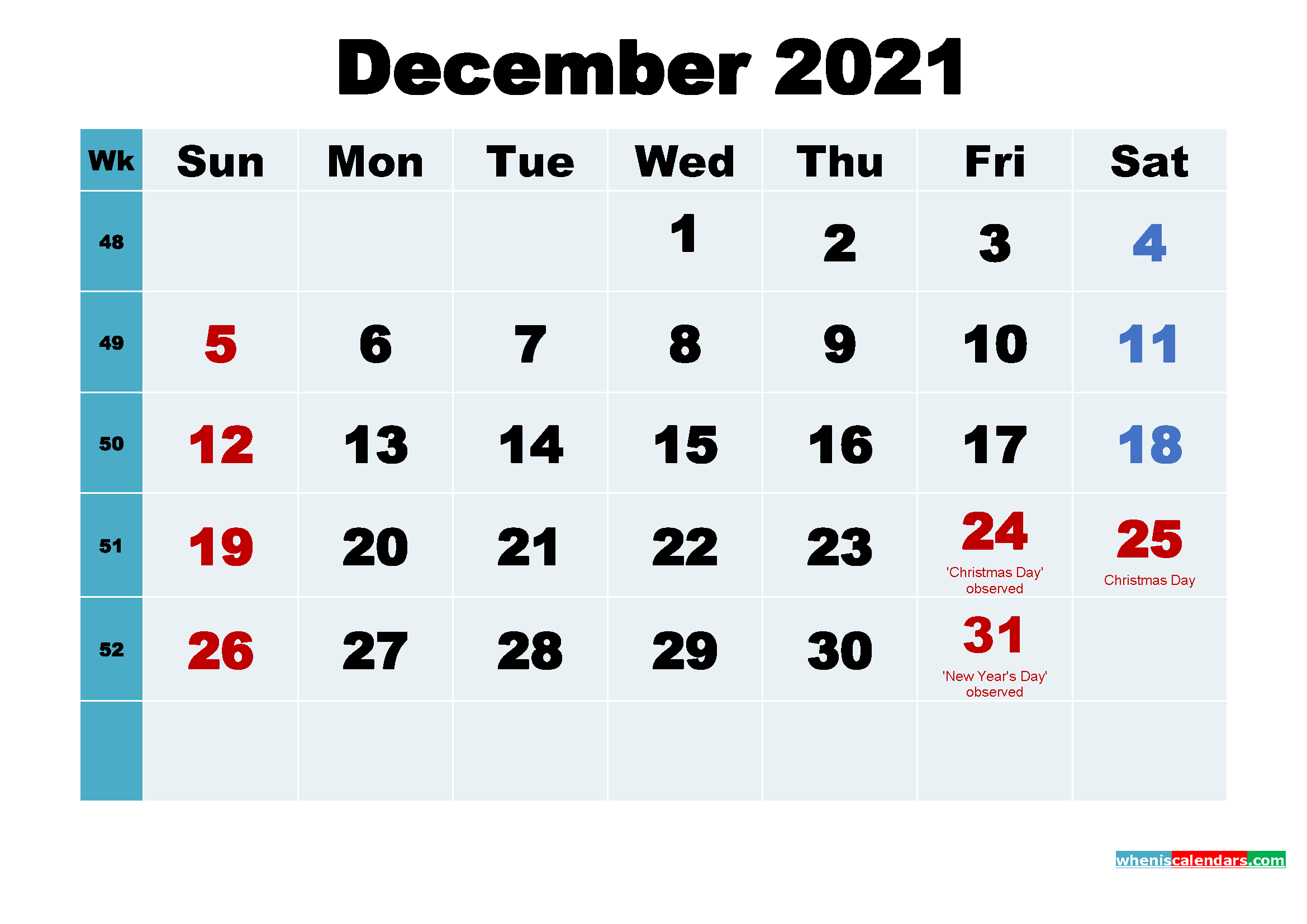 Free December 2021 Printable Calendar