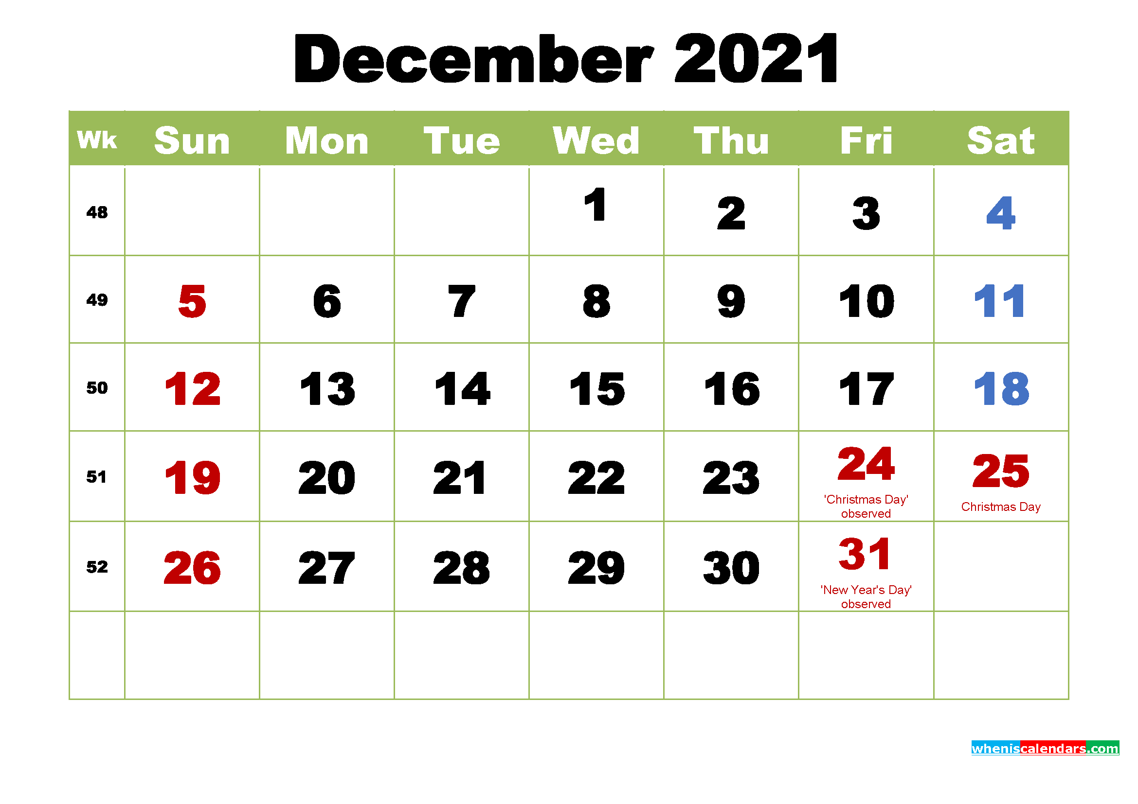 Free Printable December Calendar 2021