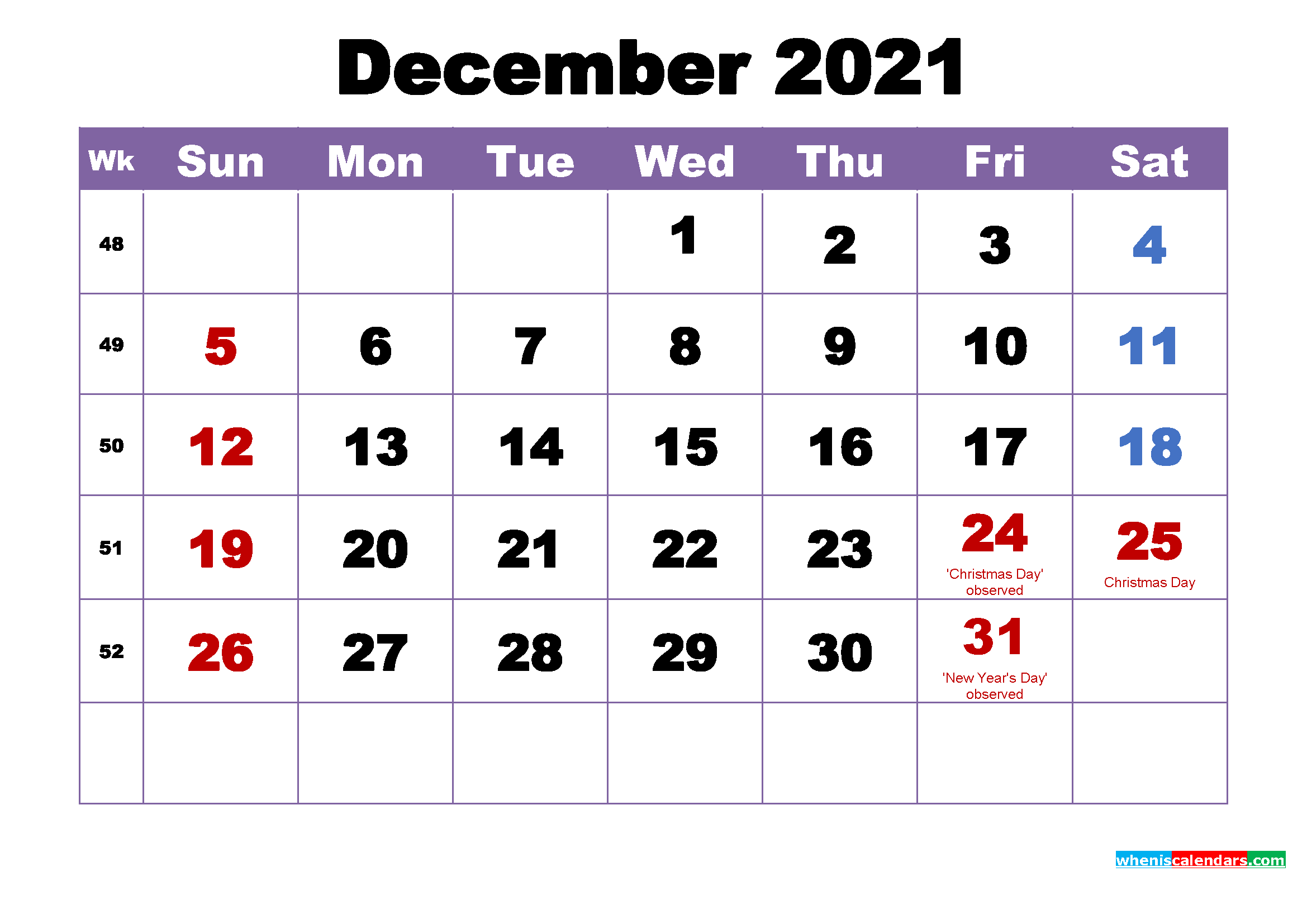 Free Printable Calendar 2021 December