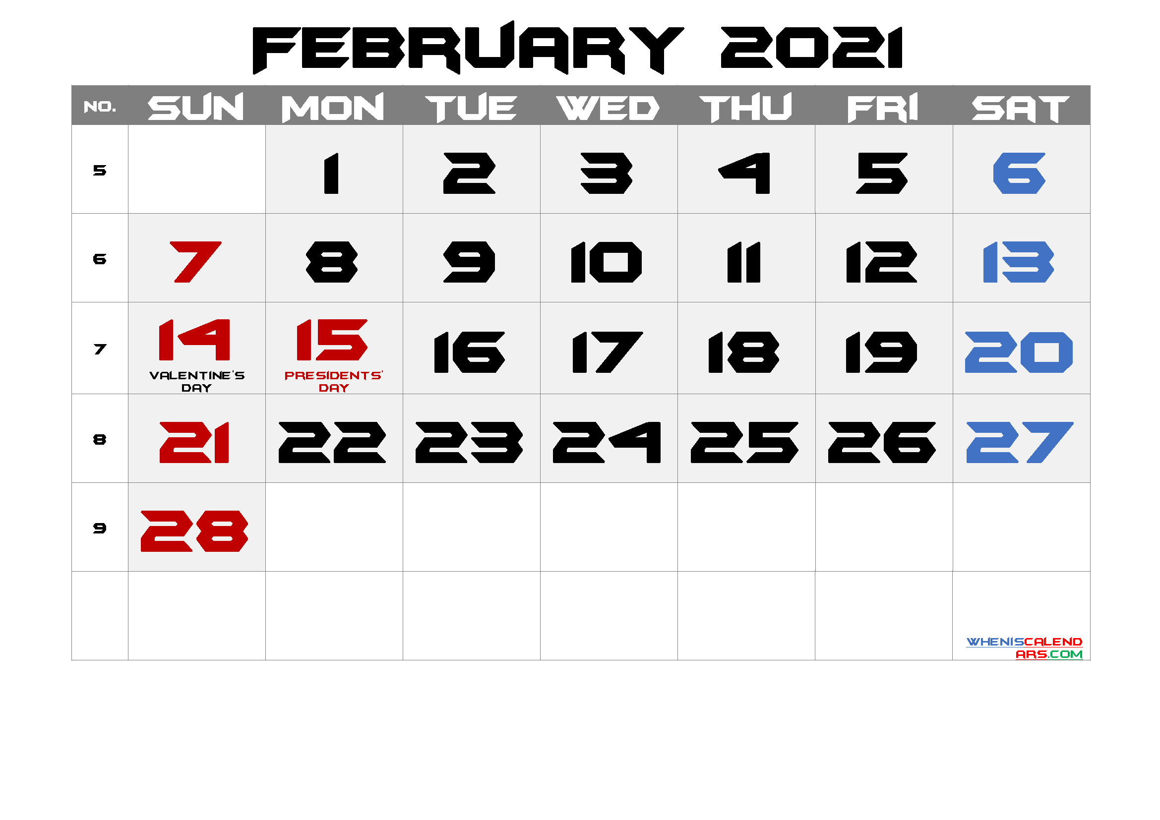 free printable february 2021 calendar with holidays