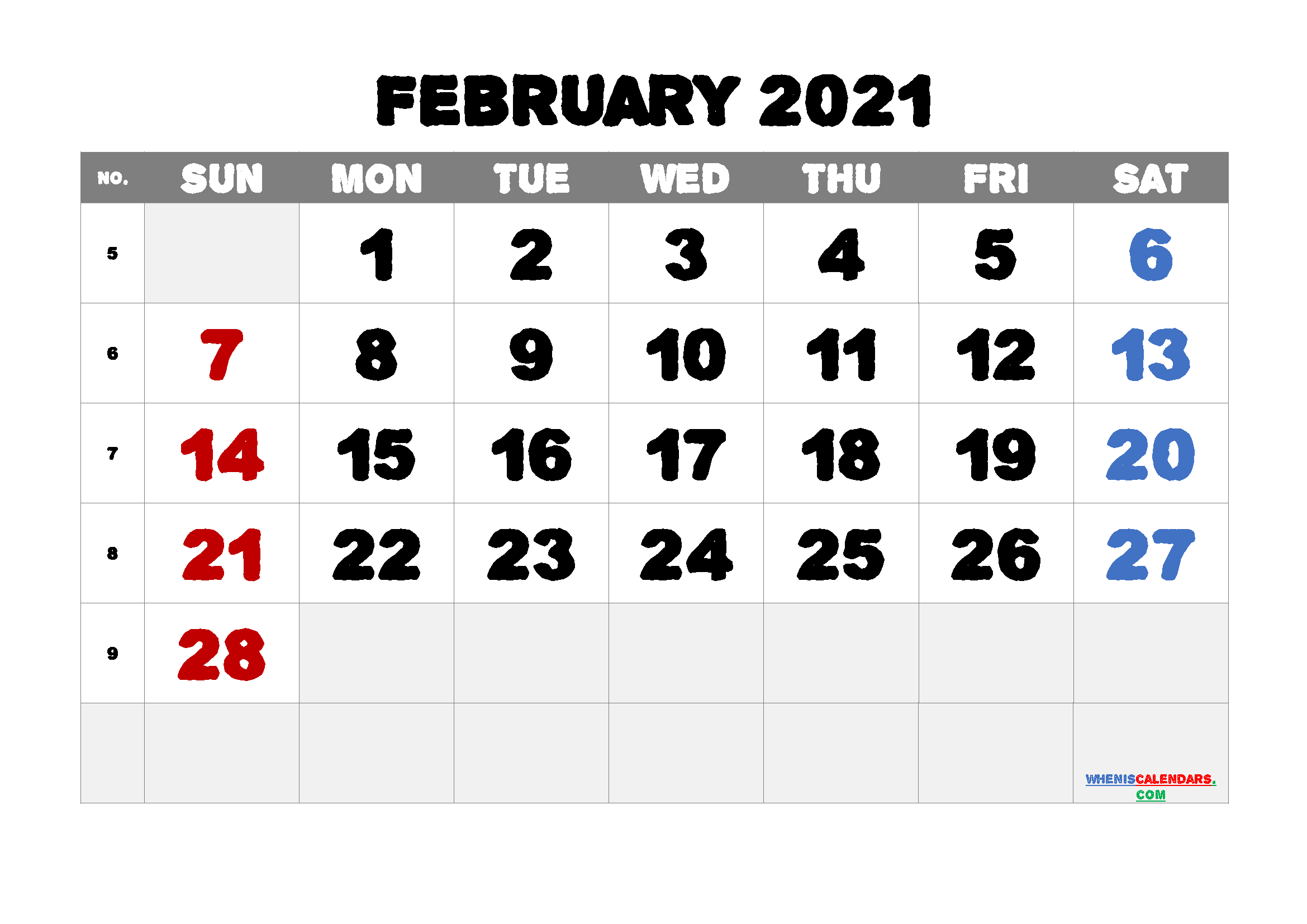 free printable february 2021 calendar with week numbers