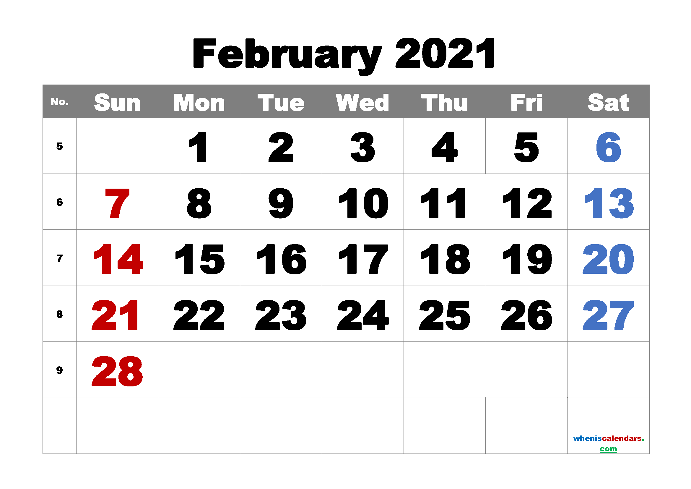February 2021 Printable Calendar Free