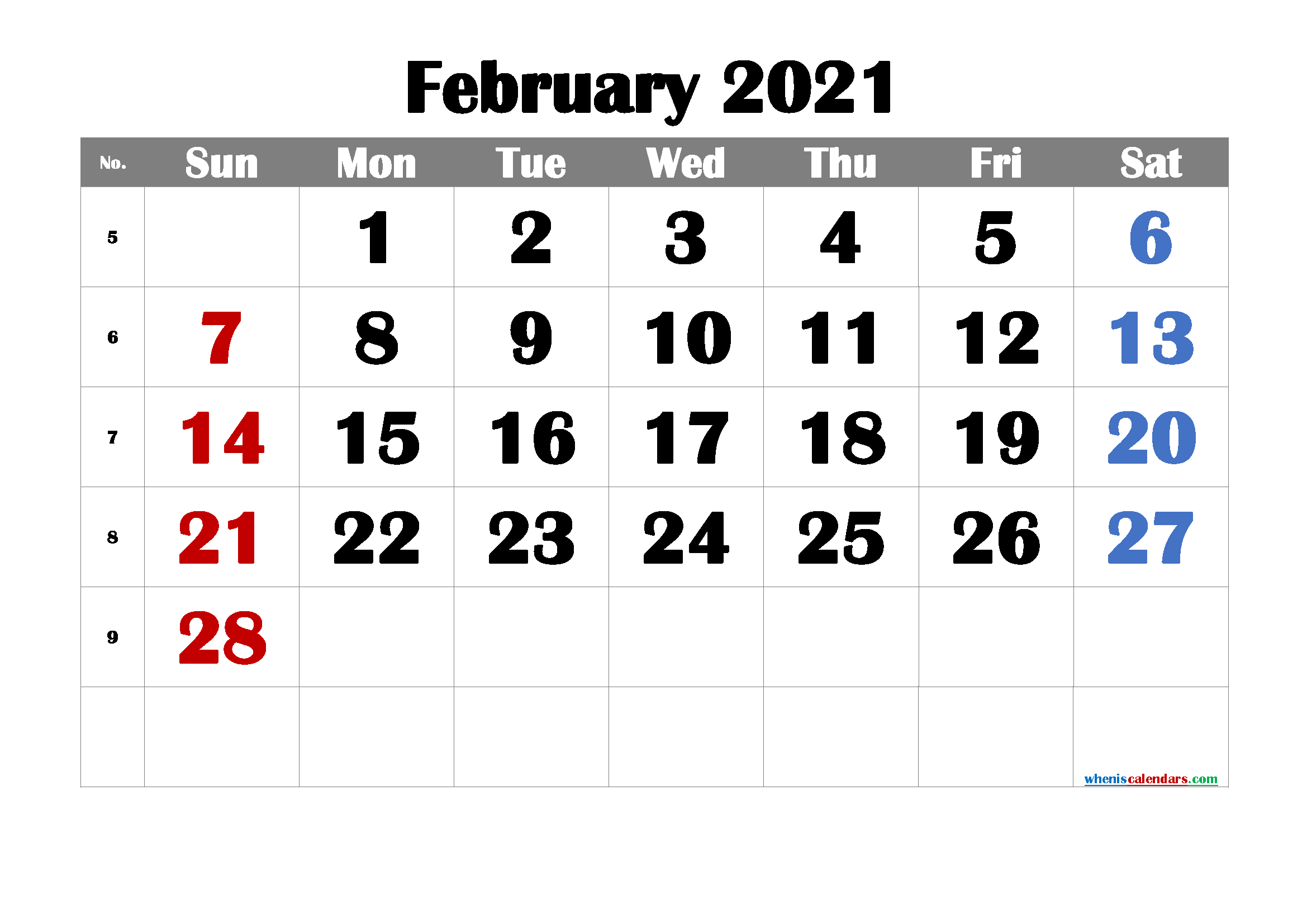 Printable Calendar for February 2021