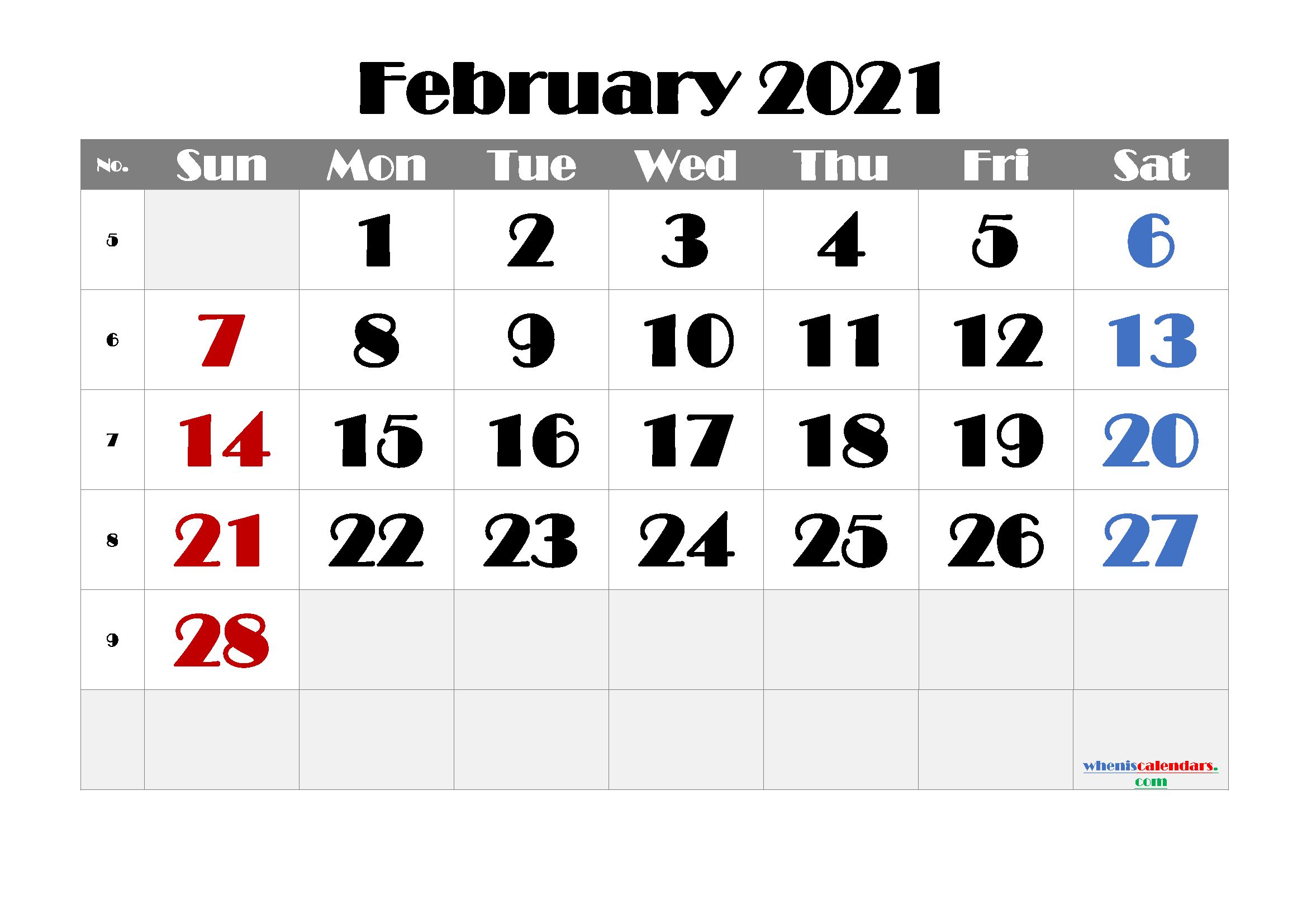Free Printable February 2021 Calendar