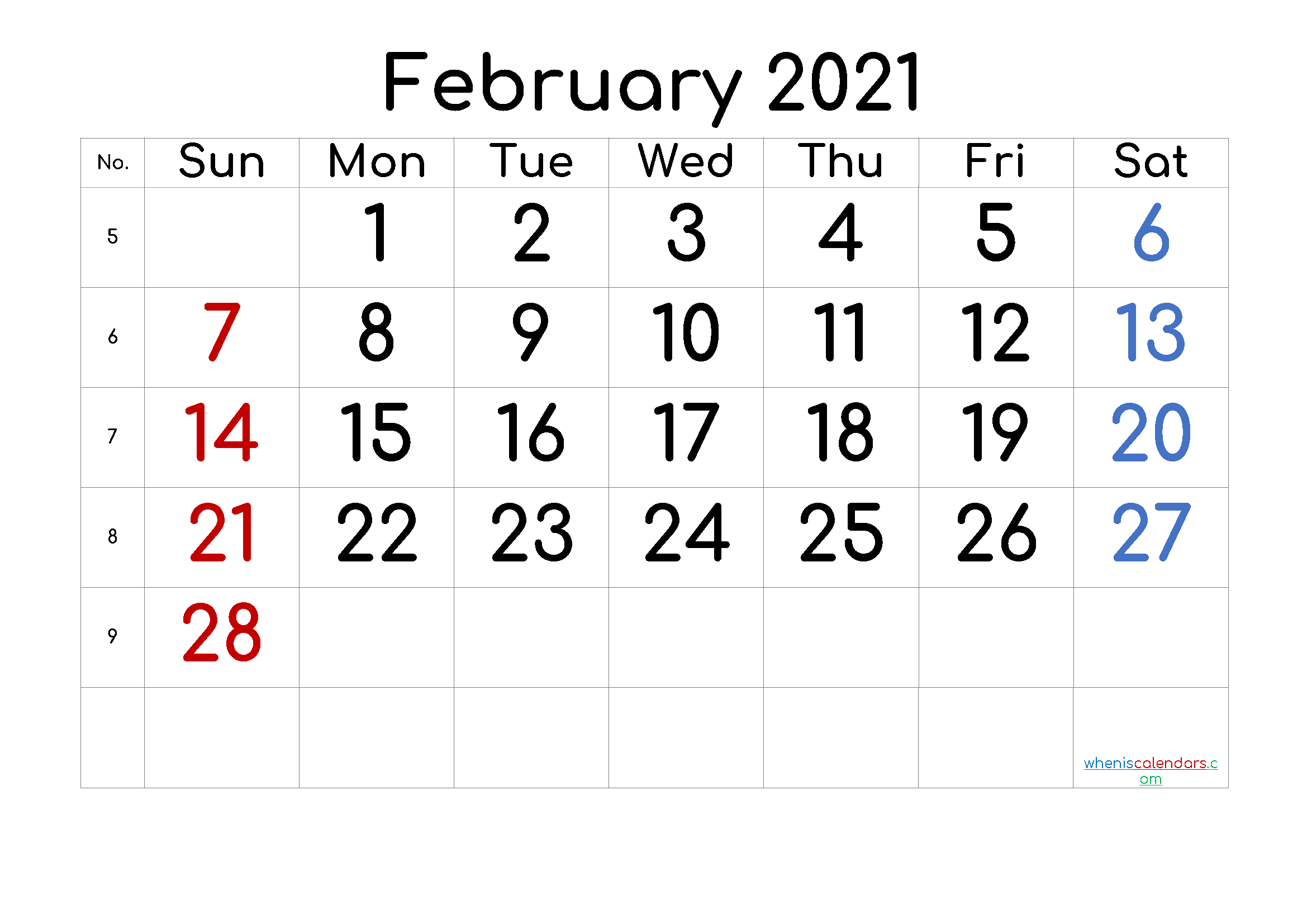 February 2021 Calendar Free Printable